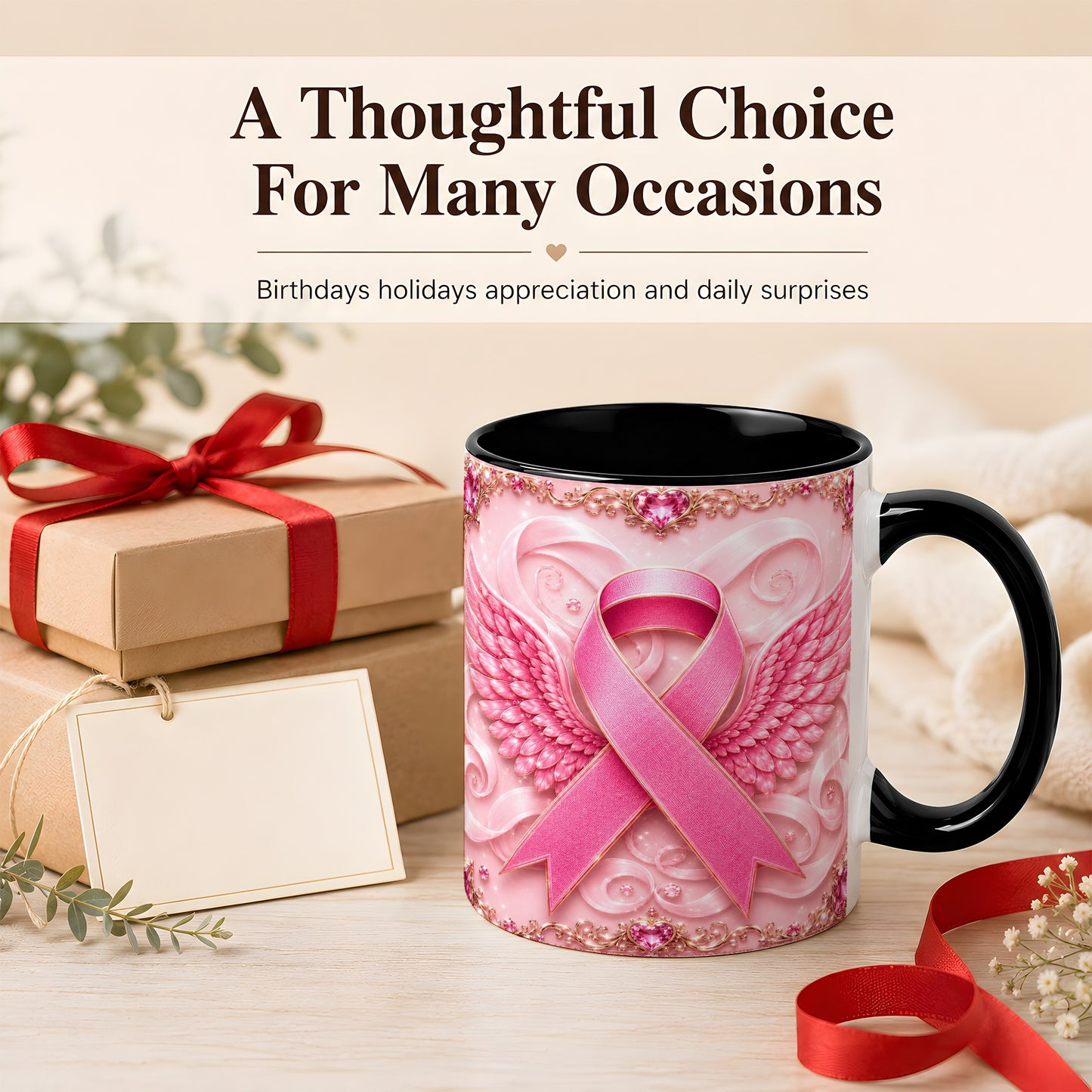 #pl[11oz|Black] Pink Ribbon Wings Coffee Mug, Awareness Mug, Ceramic Cup