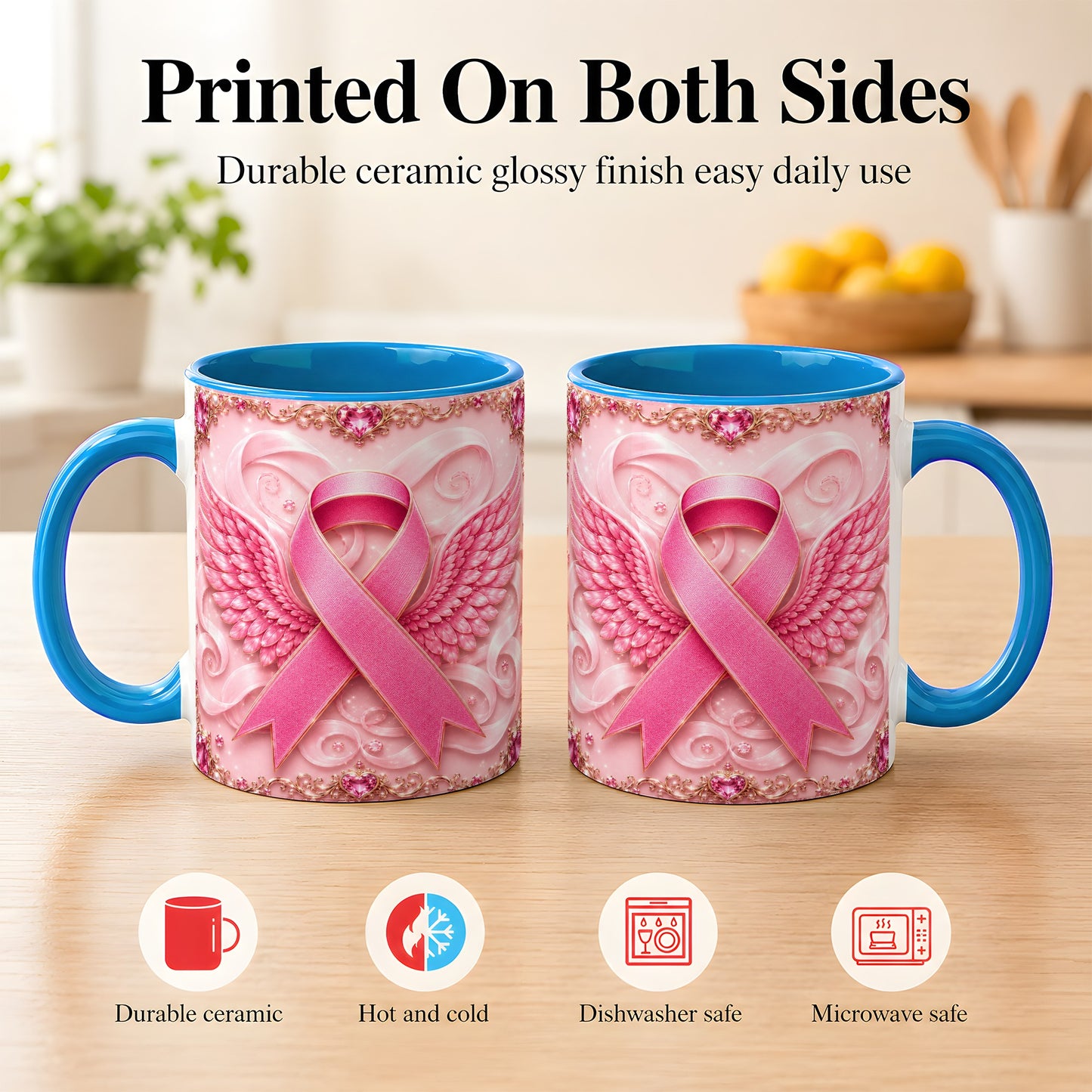 #pl[11oz|Blue] Pink Ribbon Wings Coffee Mug, Awareness Mug, Ceramic Cup