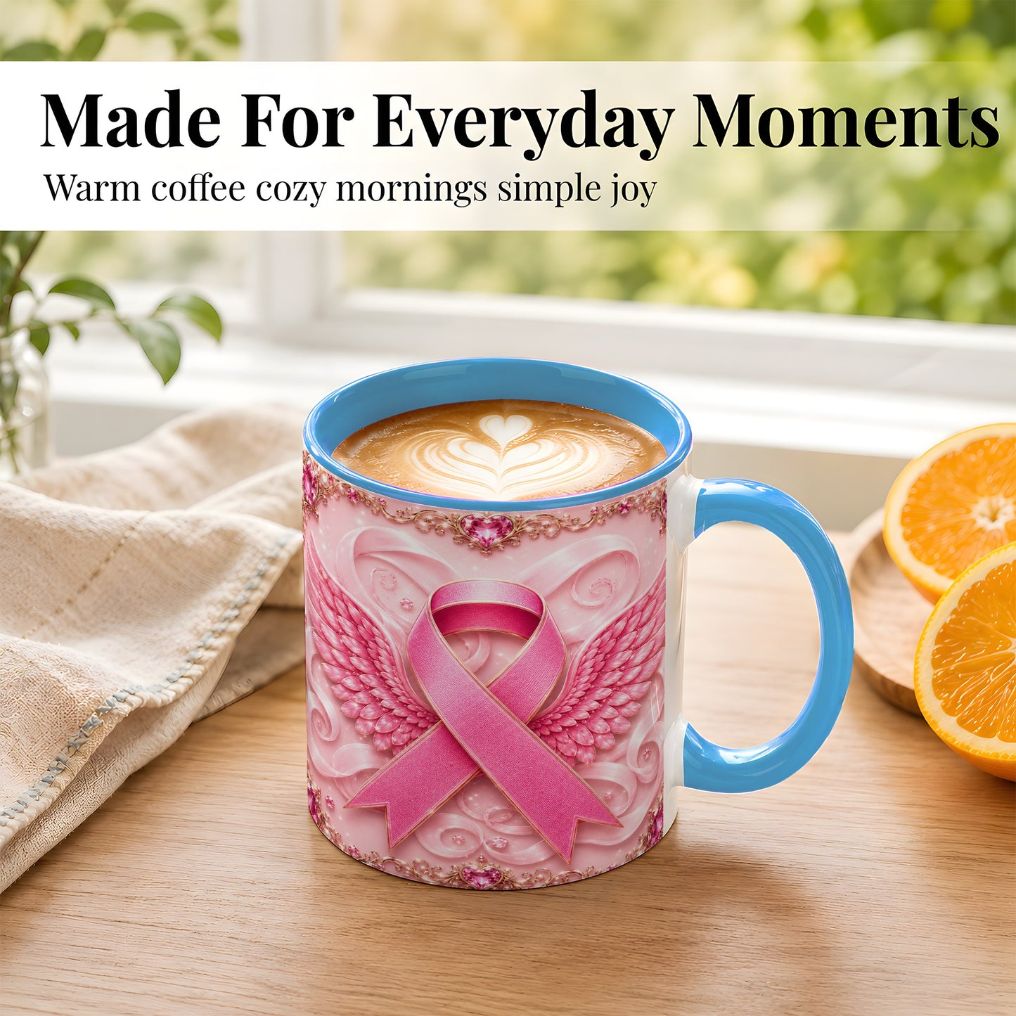 #pl[11oz|Blue] Pink Ribbon Wings Coffee Mug, Awareness Mug, Ceramic Cup