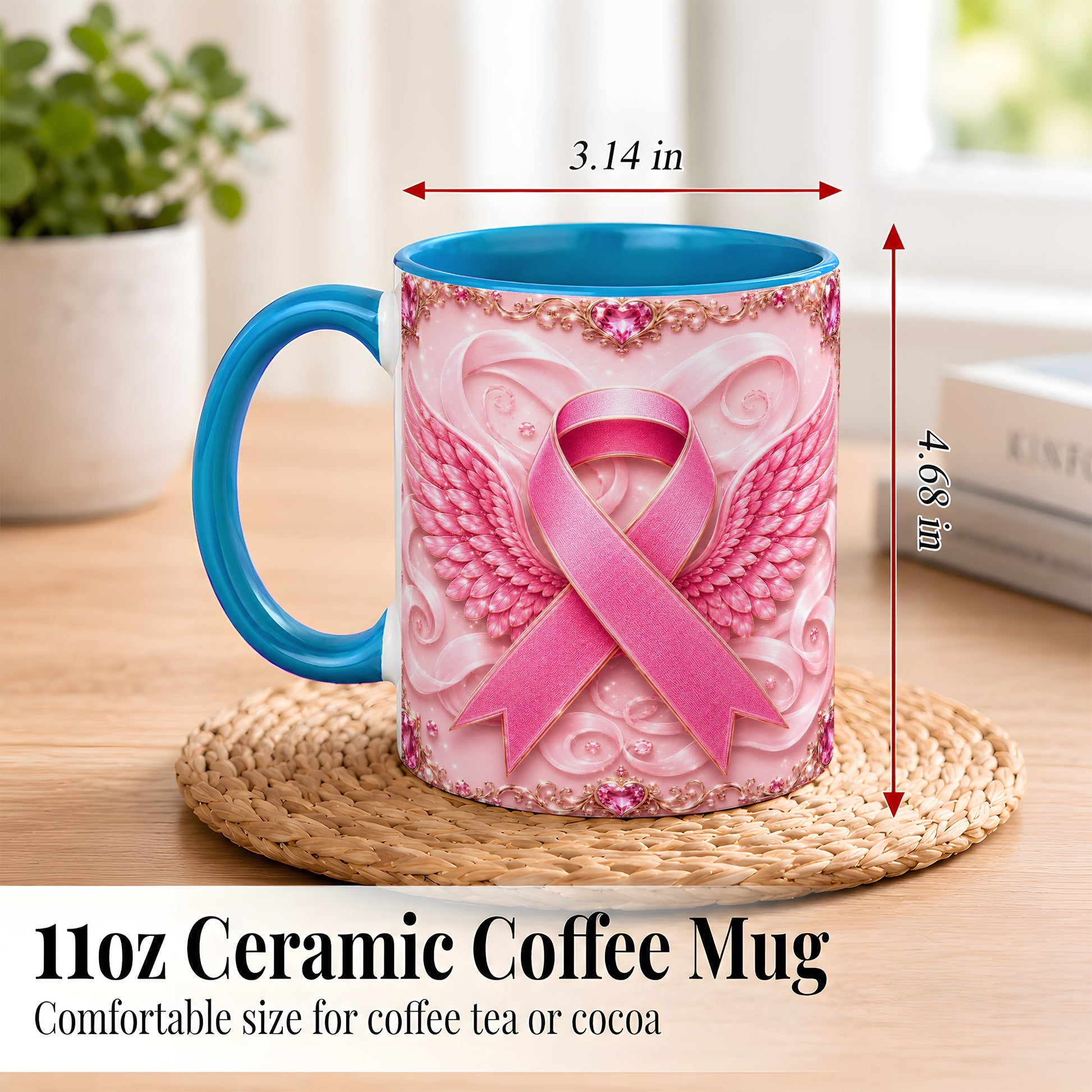 #pl[11oz|Blue] Pink Ribbon Wings Coffee Mug, Awareness Mug, Ceramic Cup