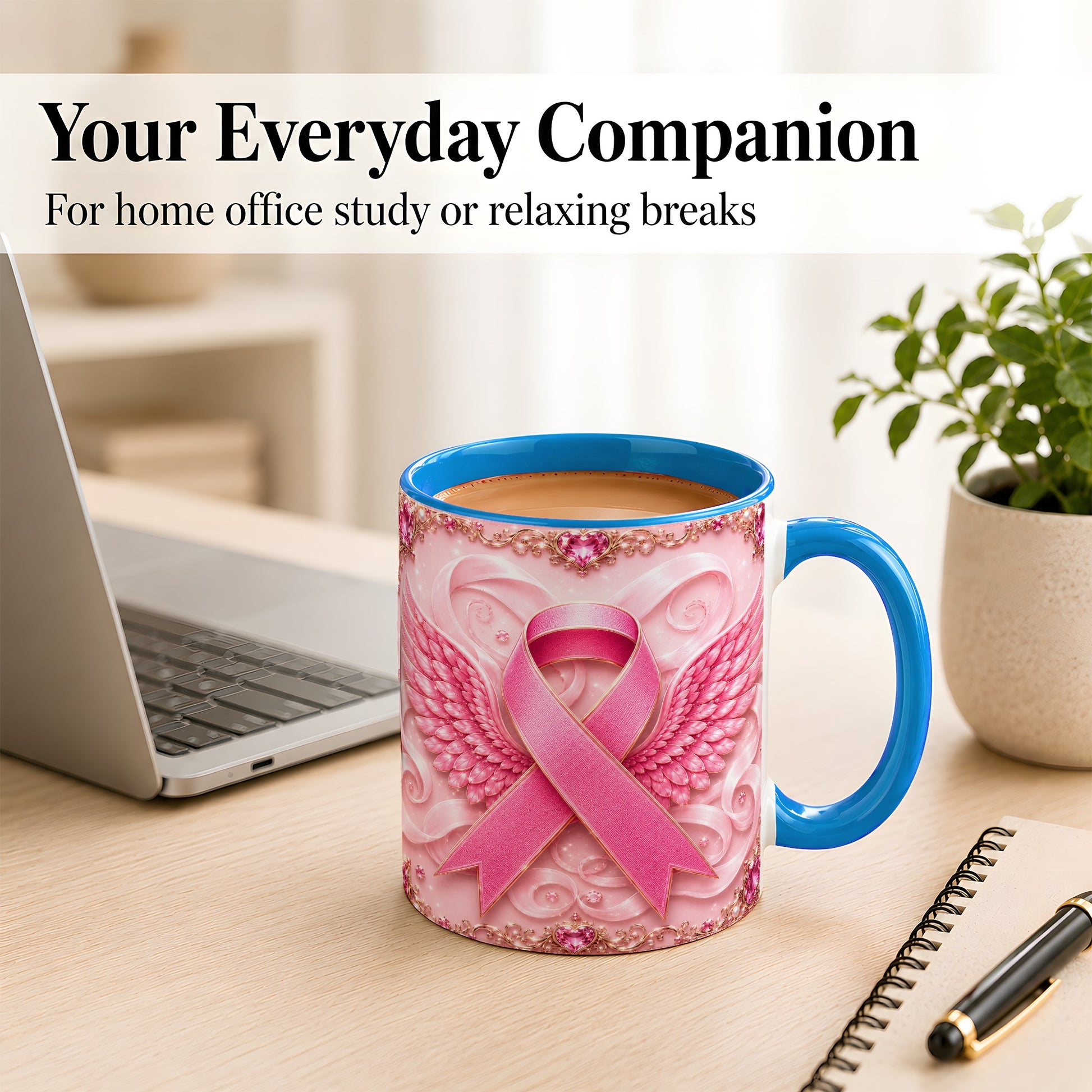 #pl[11oz|Blue] Pink Ribbon Wings Coffee Mug, Awareness Mug, Ceramic Cup