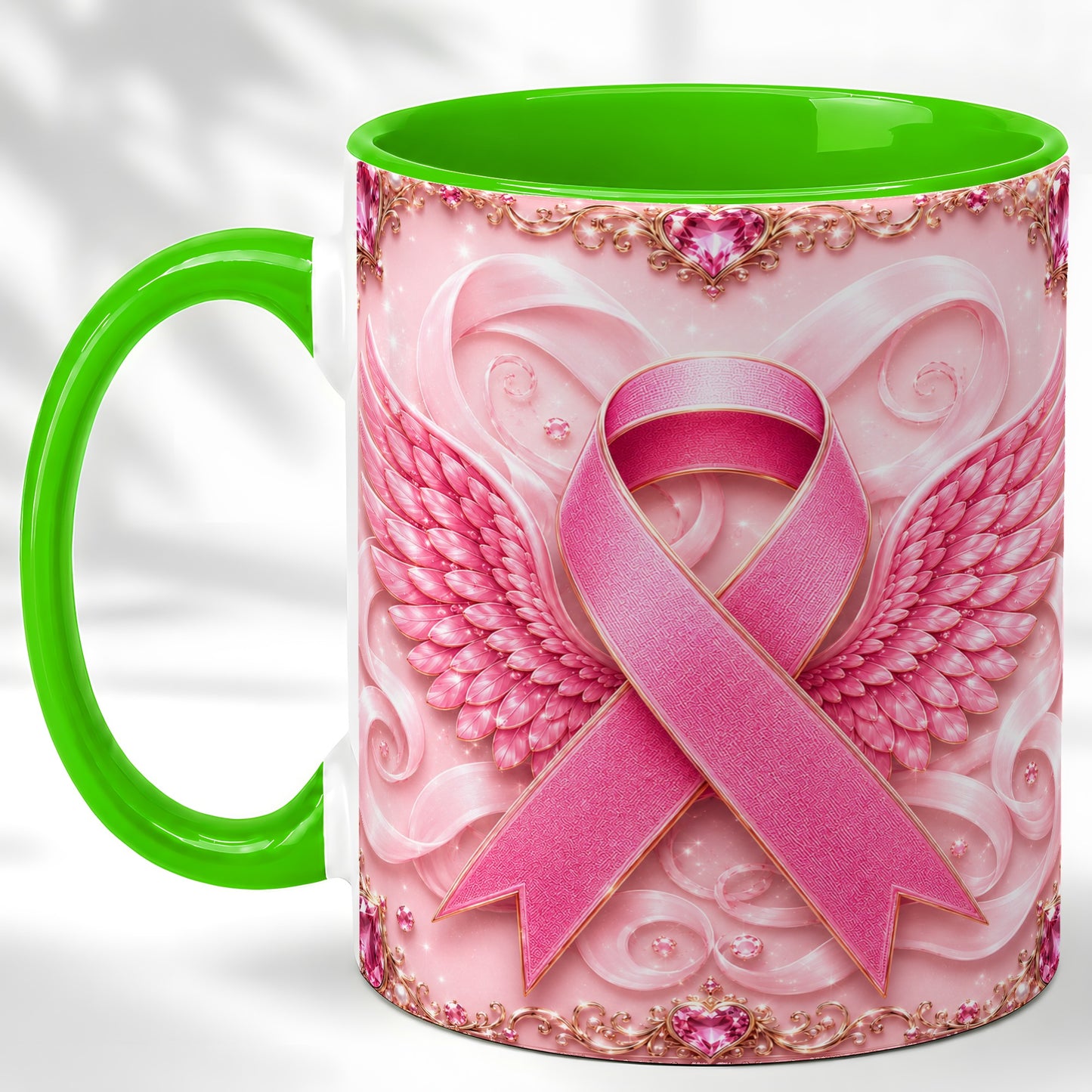 #pl[11oz|Green] Pink Ribbon Wings Coffee Mug, Awareness Mug, Ceramic Cup