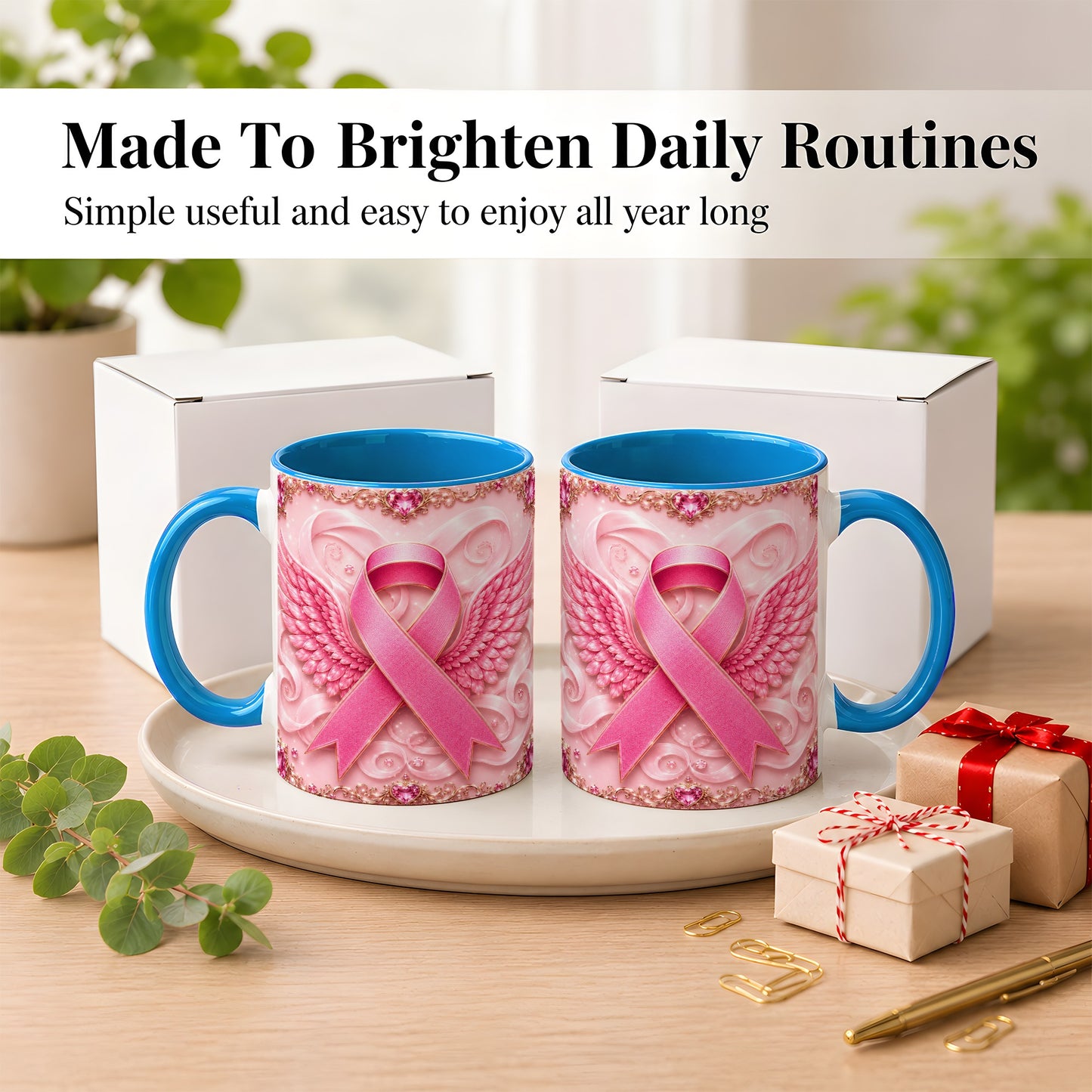 #pl[11oz|Blue] Pink Ribbon Wings Coffee Mug, Awareness Mug, Ceramic Cup