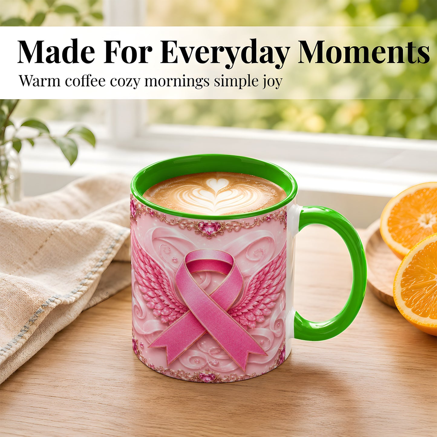 #pl[11oz|Green] Pink Ribbon Wings Coffee Mug, Awareness Mug, Ceramic Cup