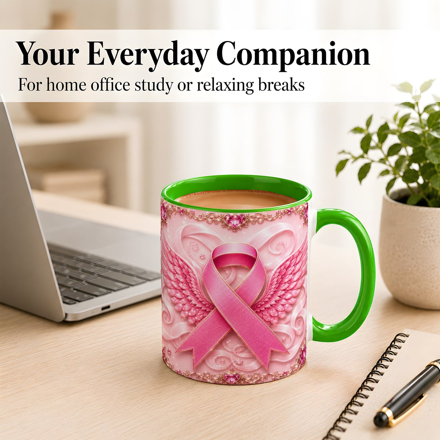 #pl[11oz|Green] Pink Ribbon Wings Coffee Mug, Awareness Mug, Ceramic Cup