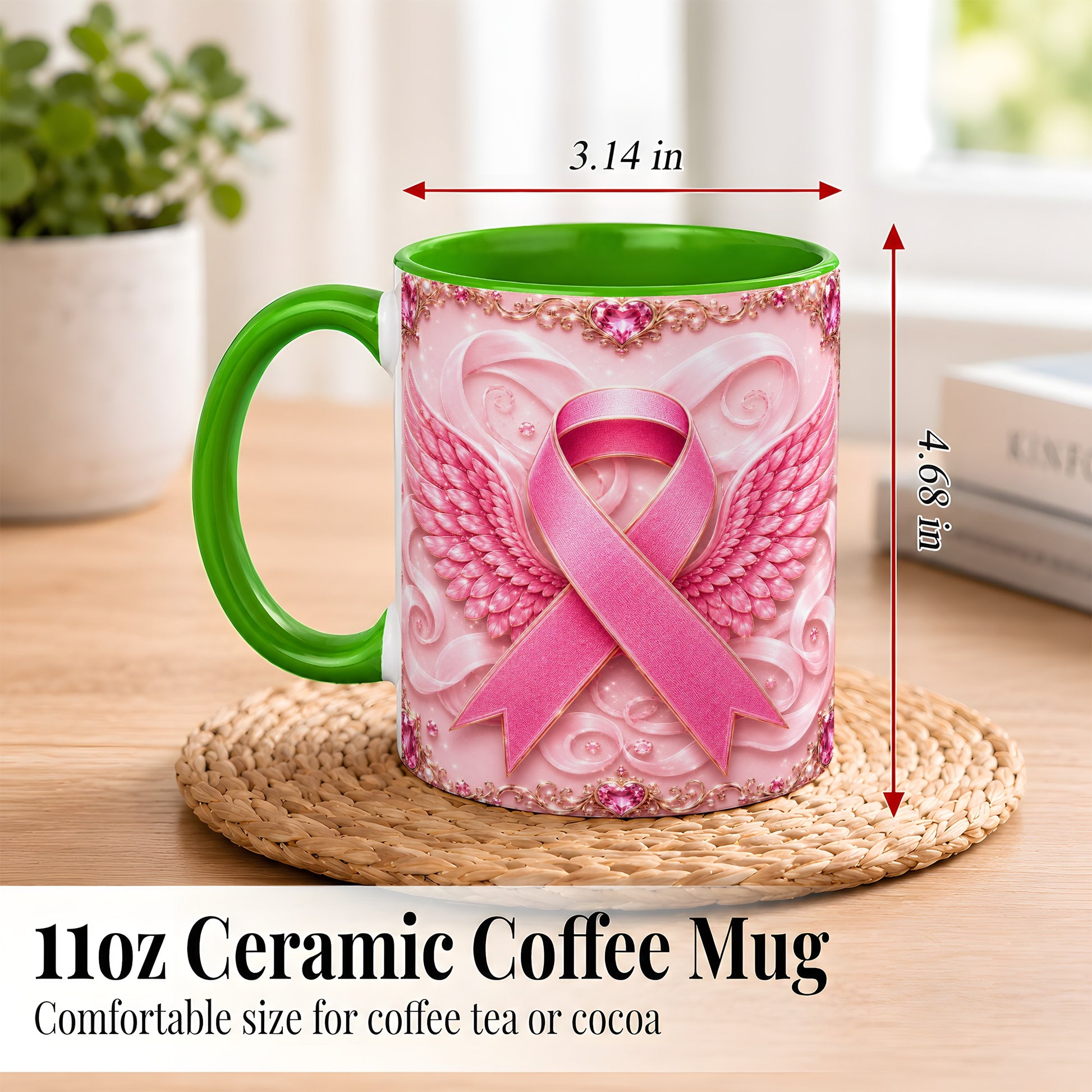 #pl[11oz|Green] Pink Ribbon Wings Coffee Mug, Awareness Mug, Ceramic Cup
