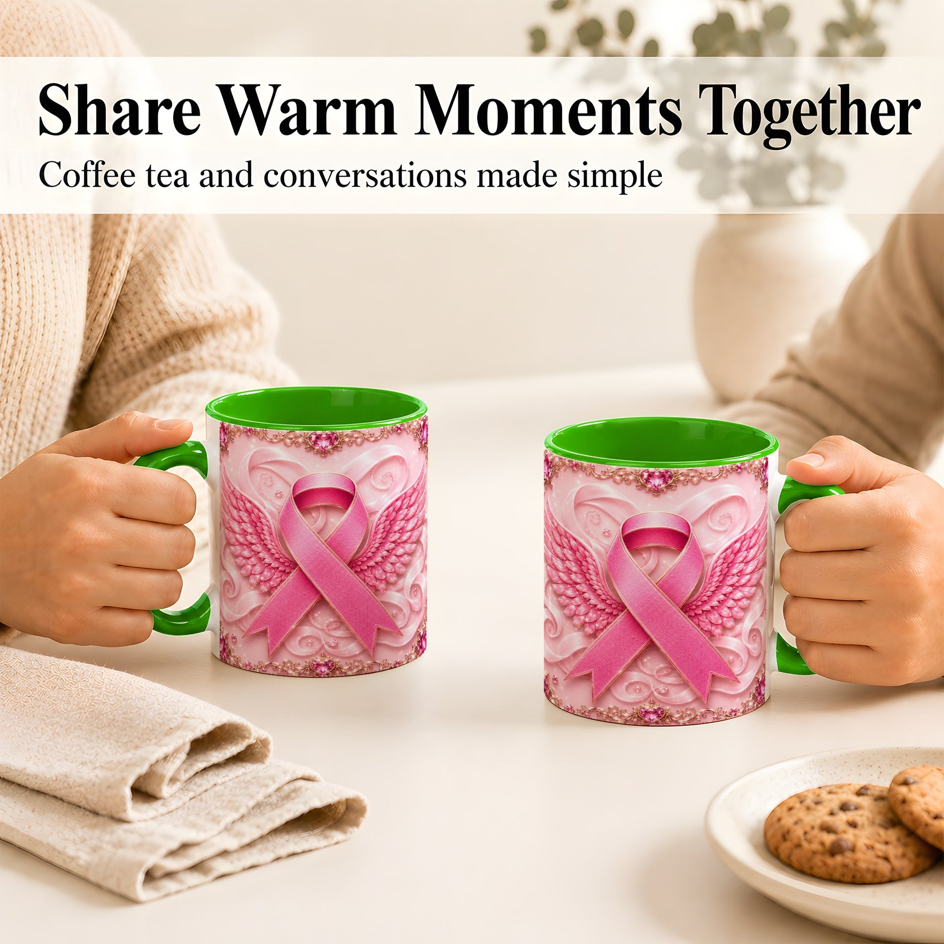 #pl[11oz|Green] Pink Ribbon Wings Coffee Mug, Awareness Mug, Ceramic Cup