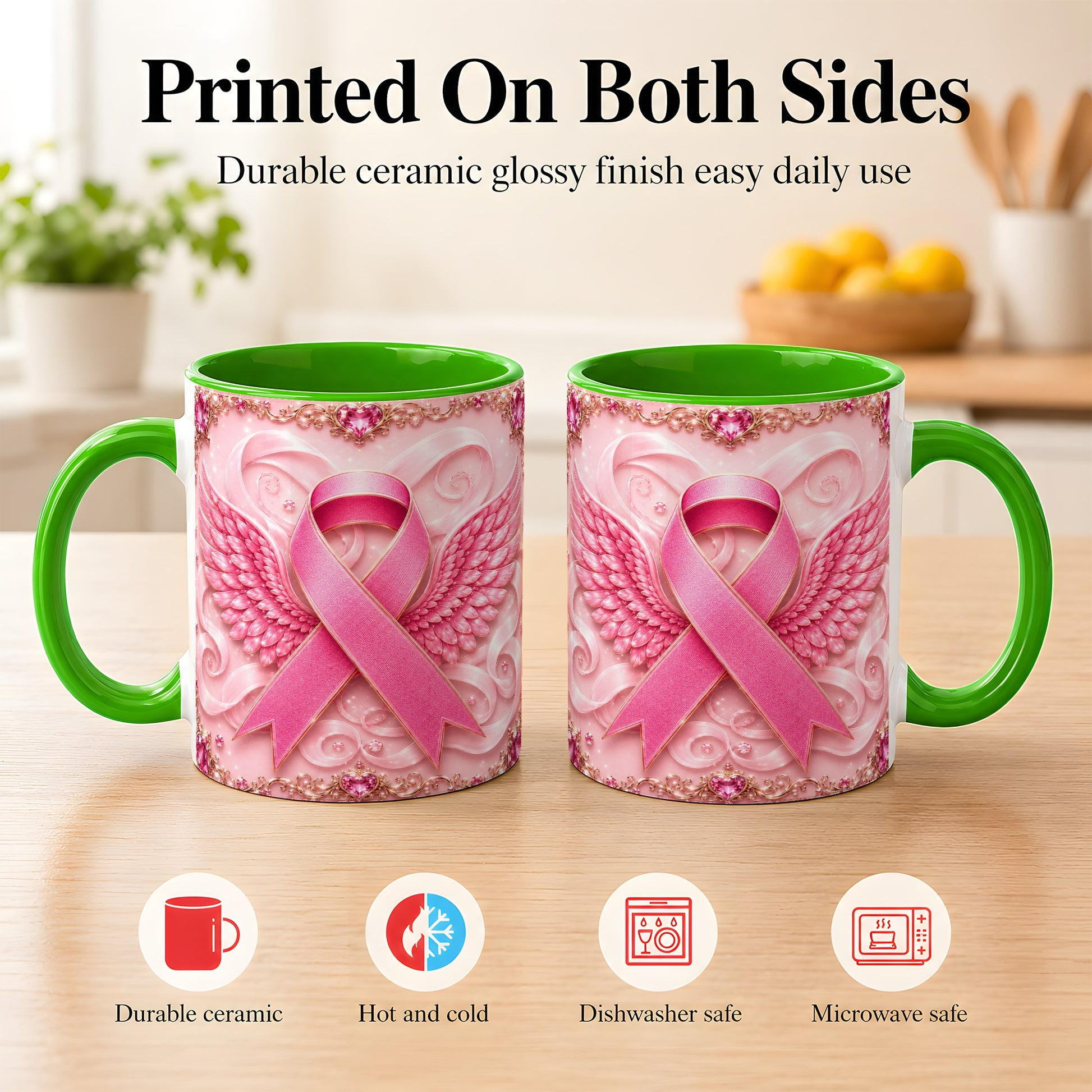 #pl[11oz|Green] Pink Ribbon Wings Coffee Mug, Awareness Mug, Ceramic Cup