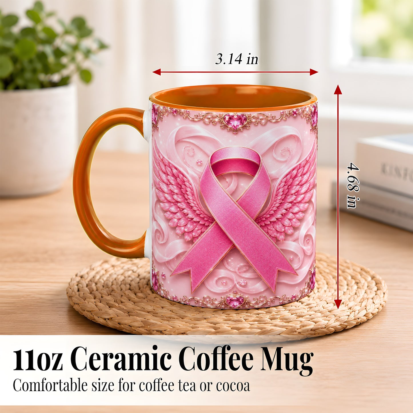 #pl[11oz|Orange] Pink Ribbon Wings Coffee Mug, Awareness Mug, Ceramic Cup