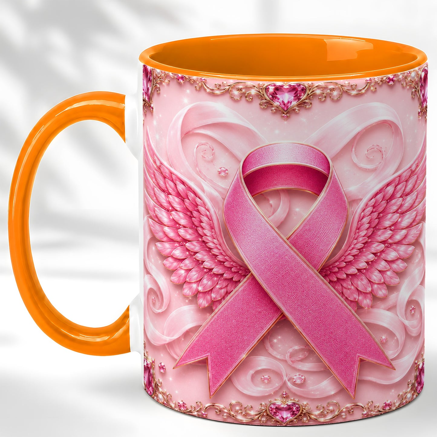 #pl[11oz|Orange] Pink Ribbon Wings Coffee Mug, Awareness Mug, Ceramic Cup