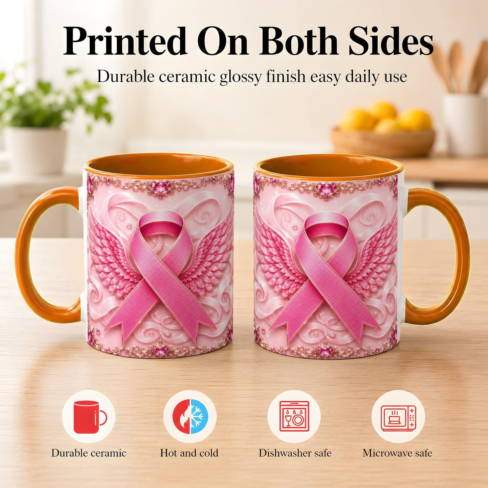 #pl[11oz|Orange] Pink Ribbon Wings Coffee Mug, Awareness Mug, Ceramic Cup