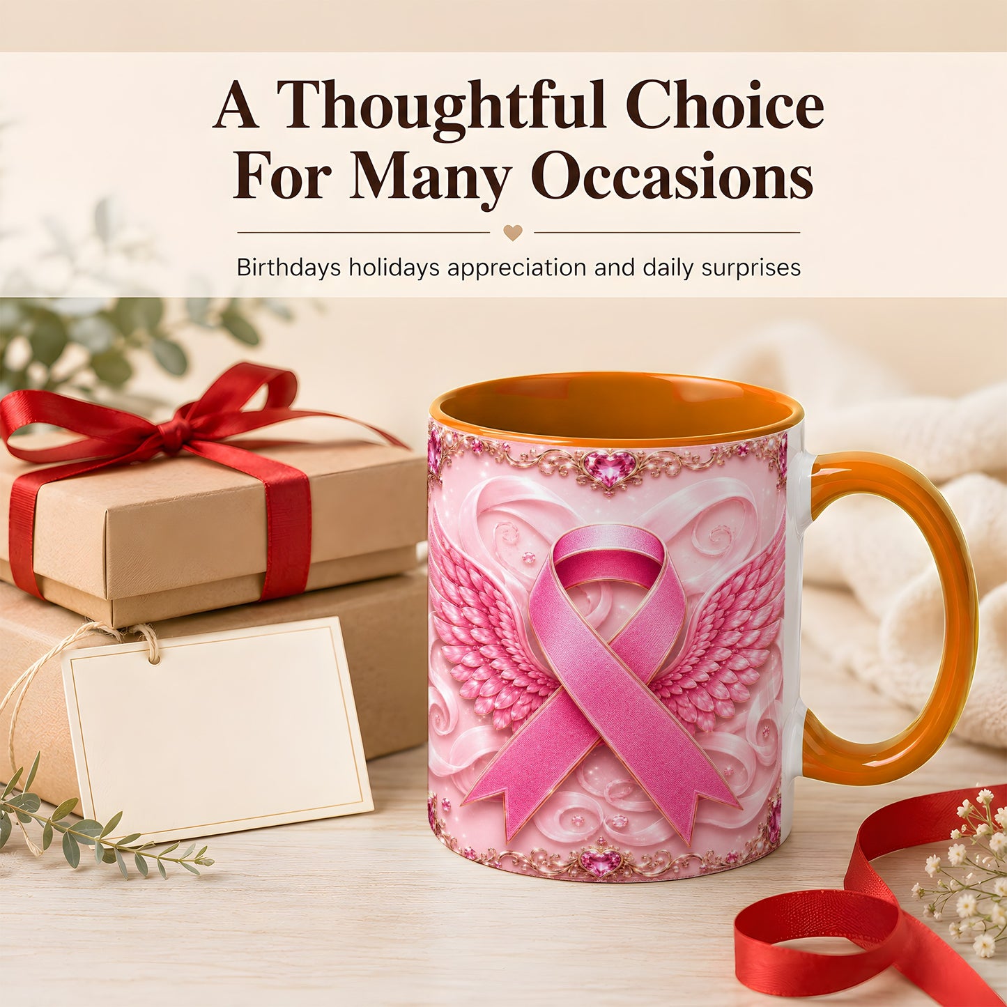 #pl[11oz|Orange] Pink Ribbon Wings Coffee Mug, Awareness Mug, Ceramic Cup