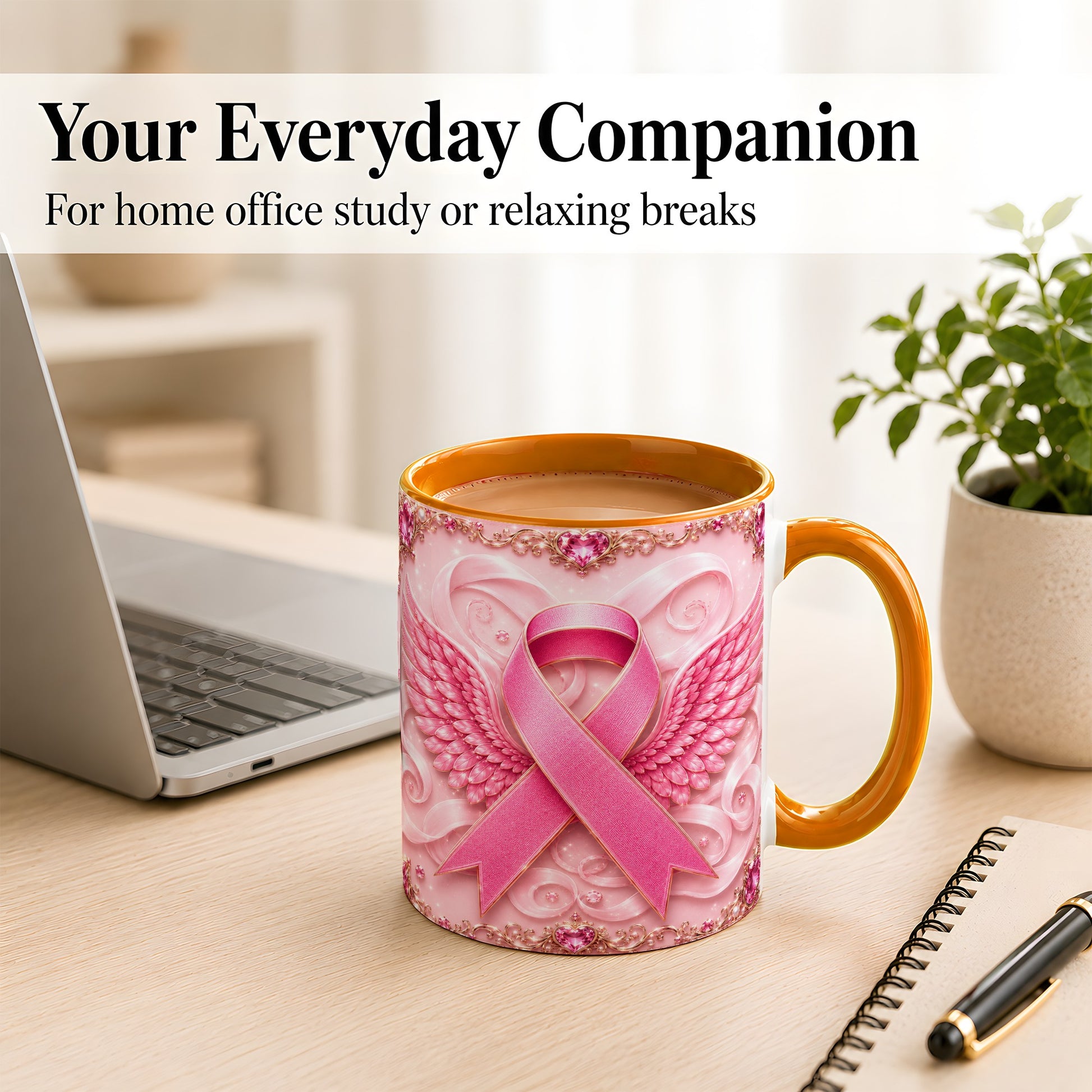 #pl[11oz|Orange] Pink Ribbon Wings Coffee Mug, Awareness Mug, Ceramic Cup