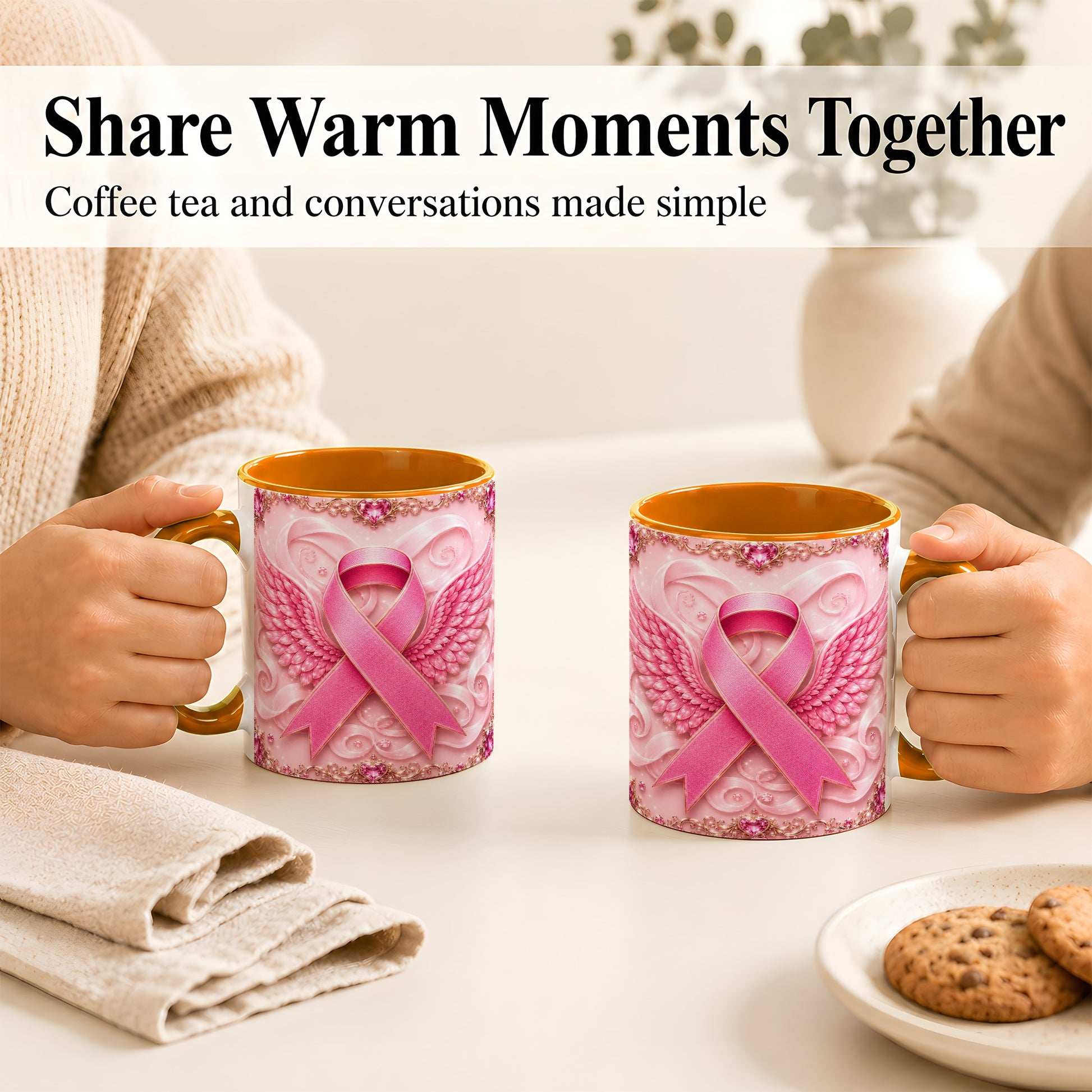 #pl[11oz|Orange] Pink Ribbon Wings Coffee Mug, Awareness Mug, Ceramic Cup