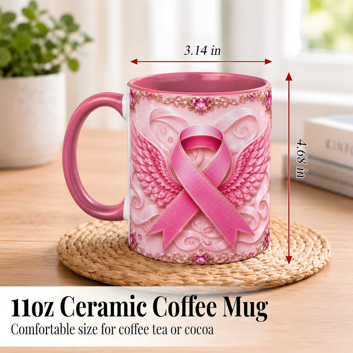 #pl[11oz|Pink] Pink Ribbon Wings Coffee Mug, Awareness Mug, Ceramic Cup