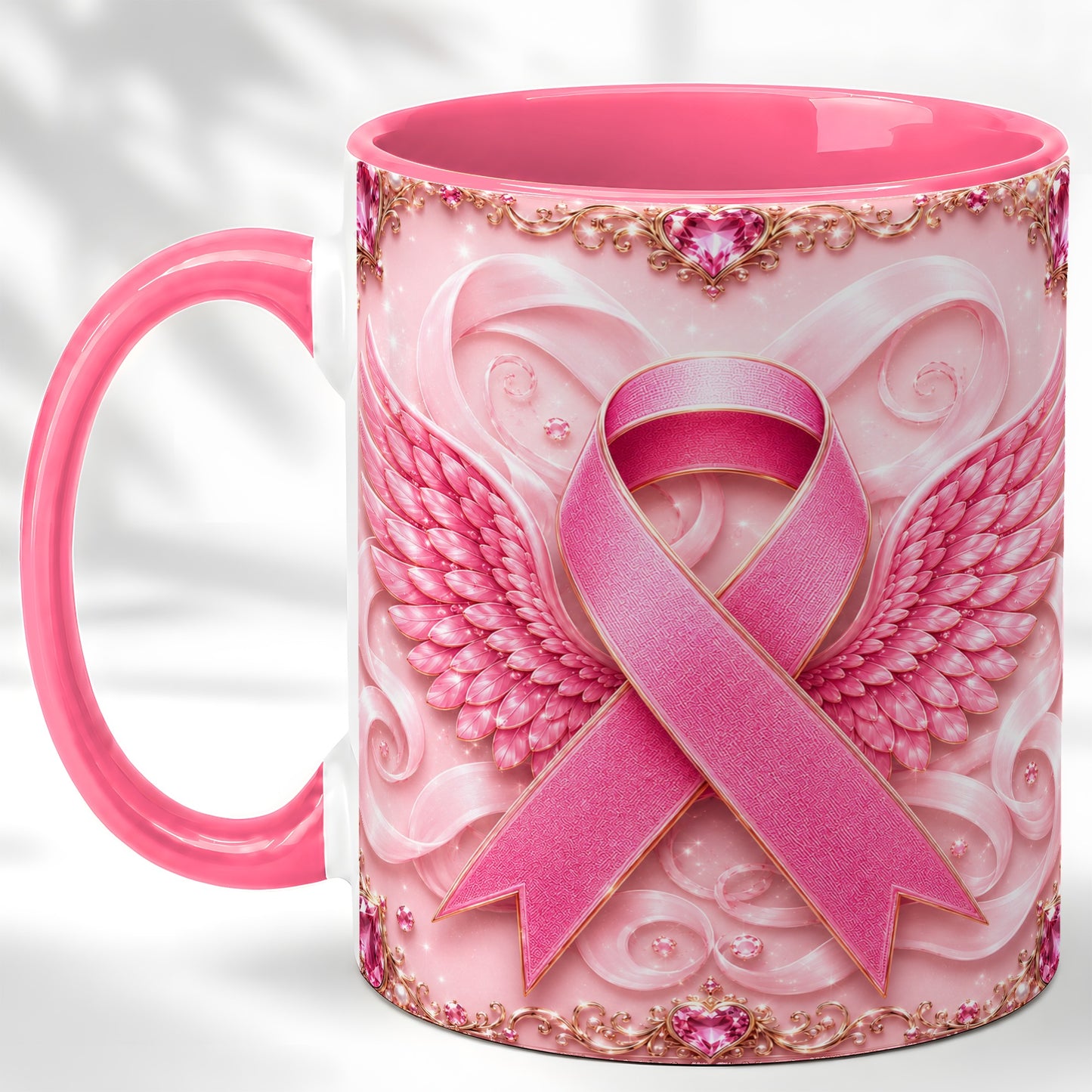 #pl[11oz|Pink] Pink Ribbon Wings Coffee Mug, Awareness Mug, Ceramic Cup