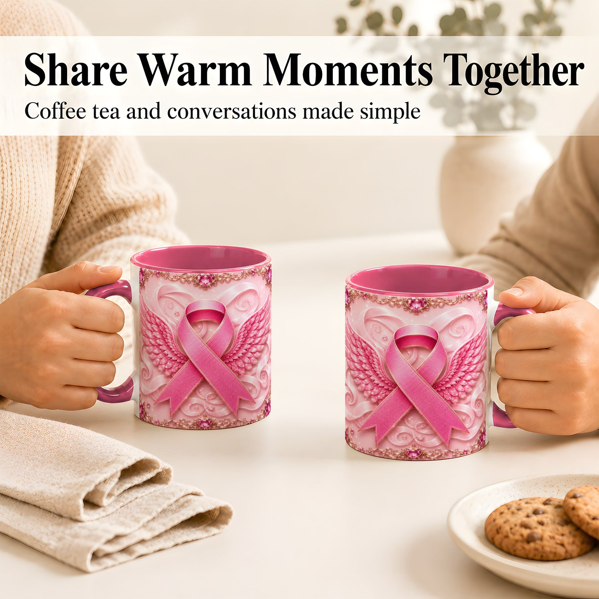 #pl[11oz|Pink] Pink Ribbon Wings Coffee Mug, Awareness Mug, Ceramic Cup