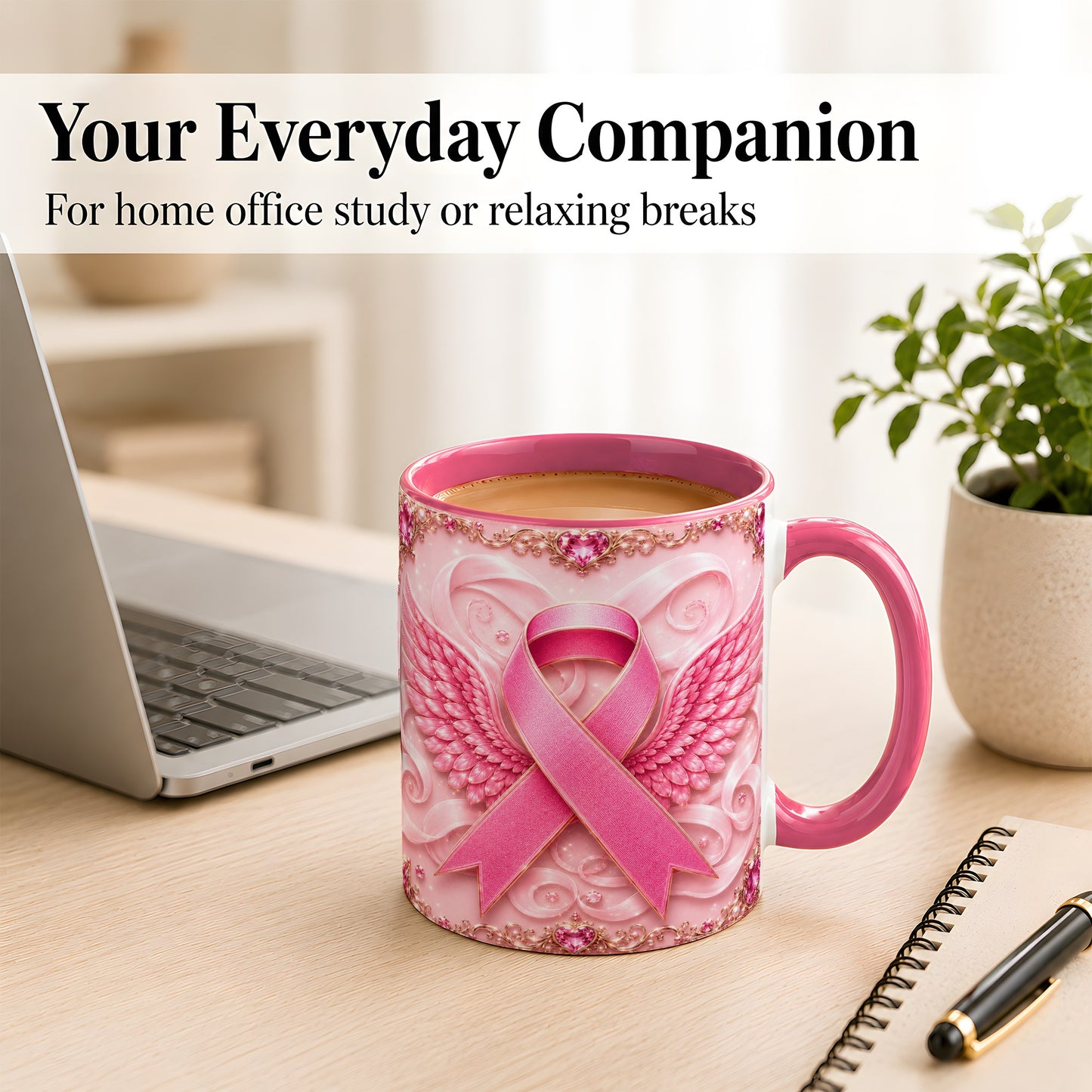 #pl[11oz|Pink] Pink Ribbon Wings Coffee Mug, Awareness Mug, Ceramic Cup