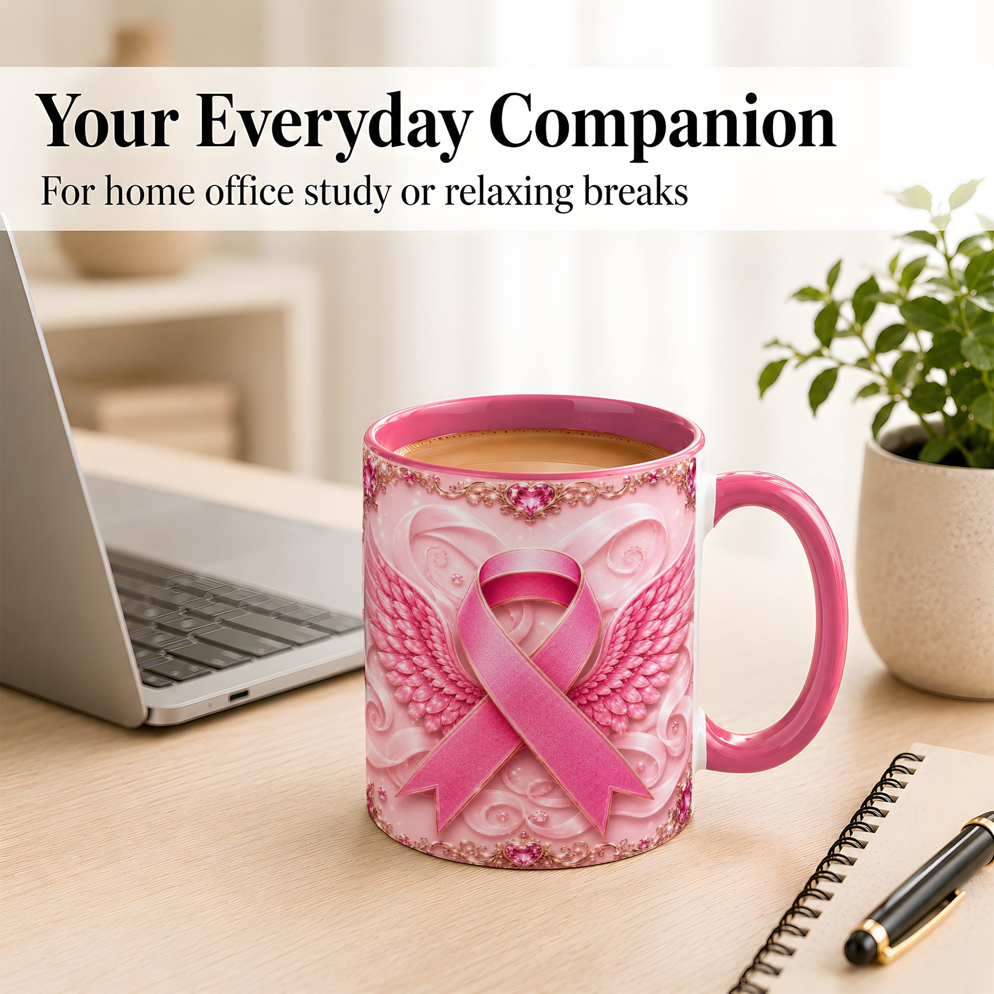 #pl[11oz|Pink] Pink Ribbon Wings Coffee Mug, Awareness Mug, Ceramic Cup