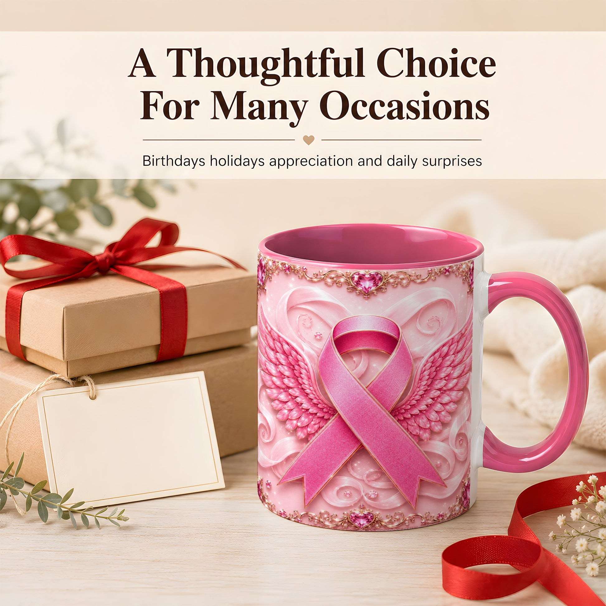 #pl[11oz|Pink] Pink Ribbon Wings Coffee Mug, Awareness Mug, Ceramic Cup
