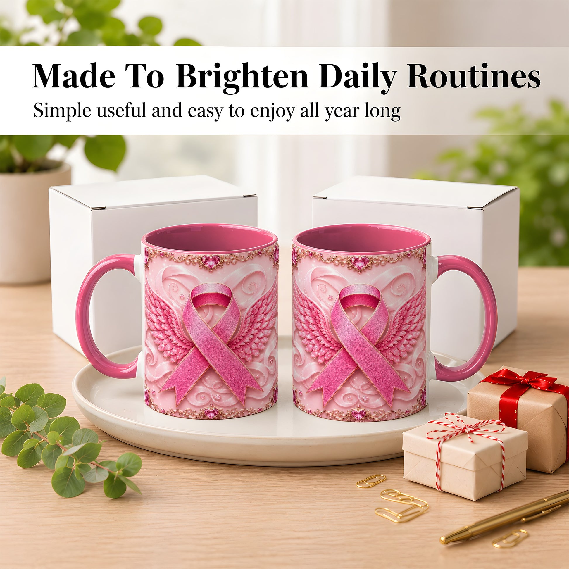 #pl[11oz|Pink] Pink Ribbon Wings Coffee Mug, Awareness Mug, Ceramic Cup
