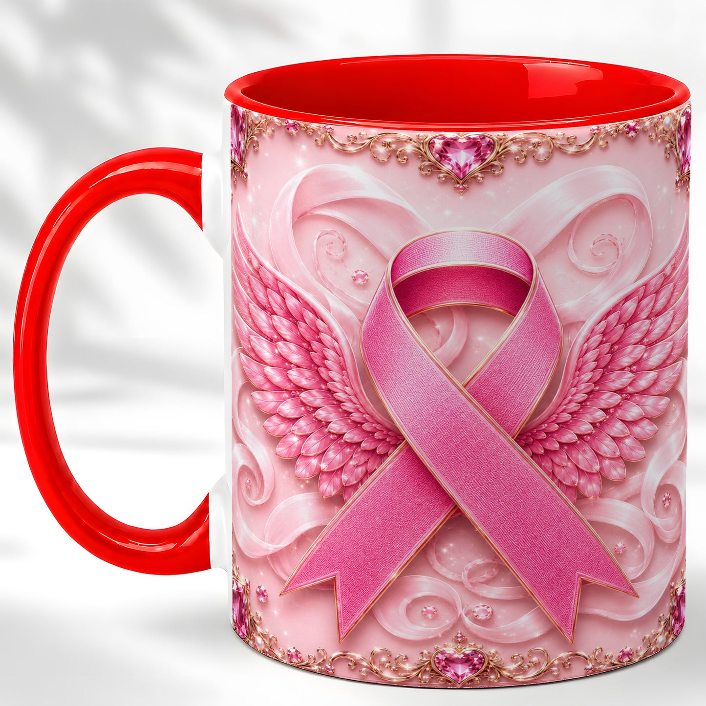 #pl[11oz|Red] Pink Ribbon Wings Coffee Mug, Awareness Mug, Ceramic Cup