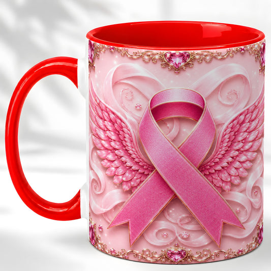 #pl[11oz|Red] Pink Ribbon Wings Coffee Mug, Awareness Mug, Ceramic Cup