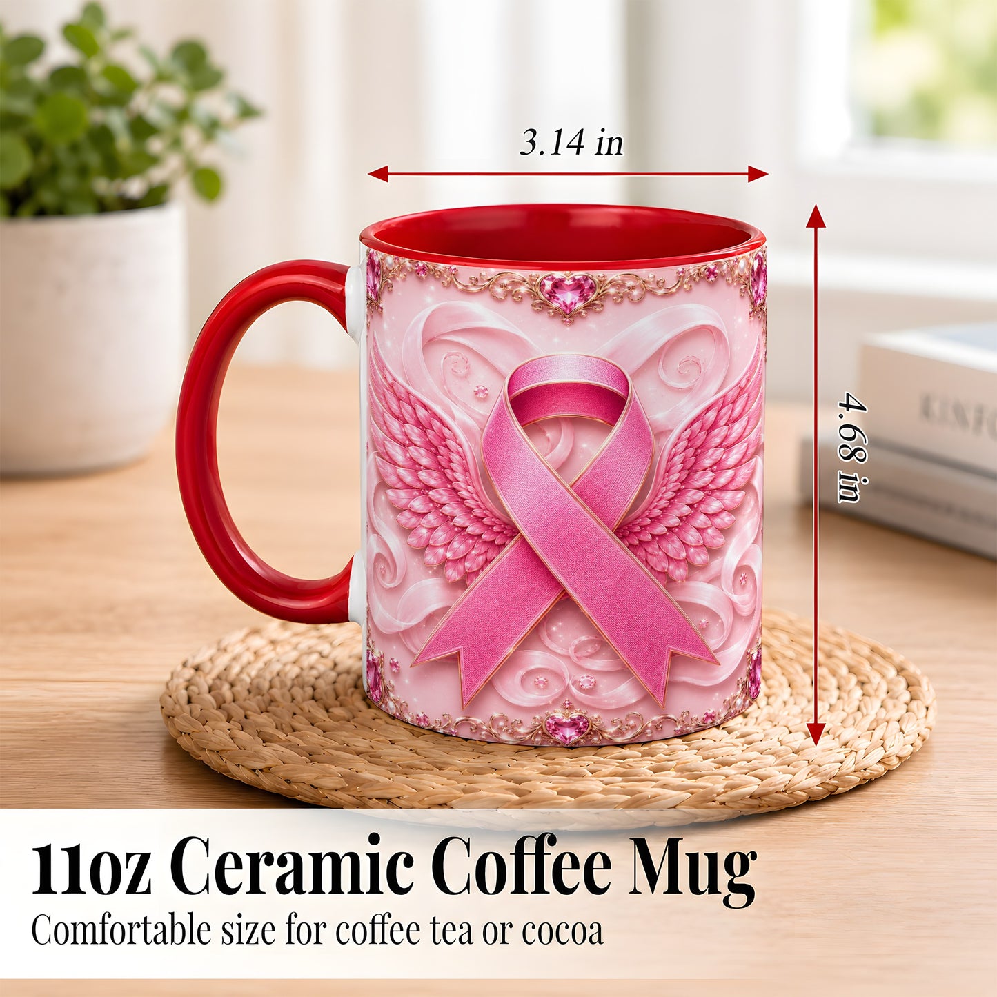 #pl[11oz|Red] Pink Ribbon Wings Coffee Mug, Awareness Mug, Ceramic Cup