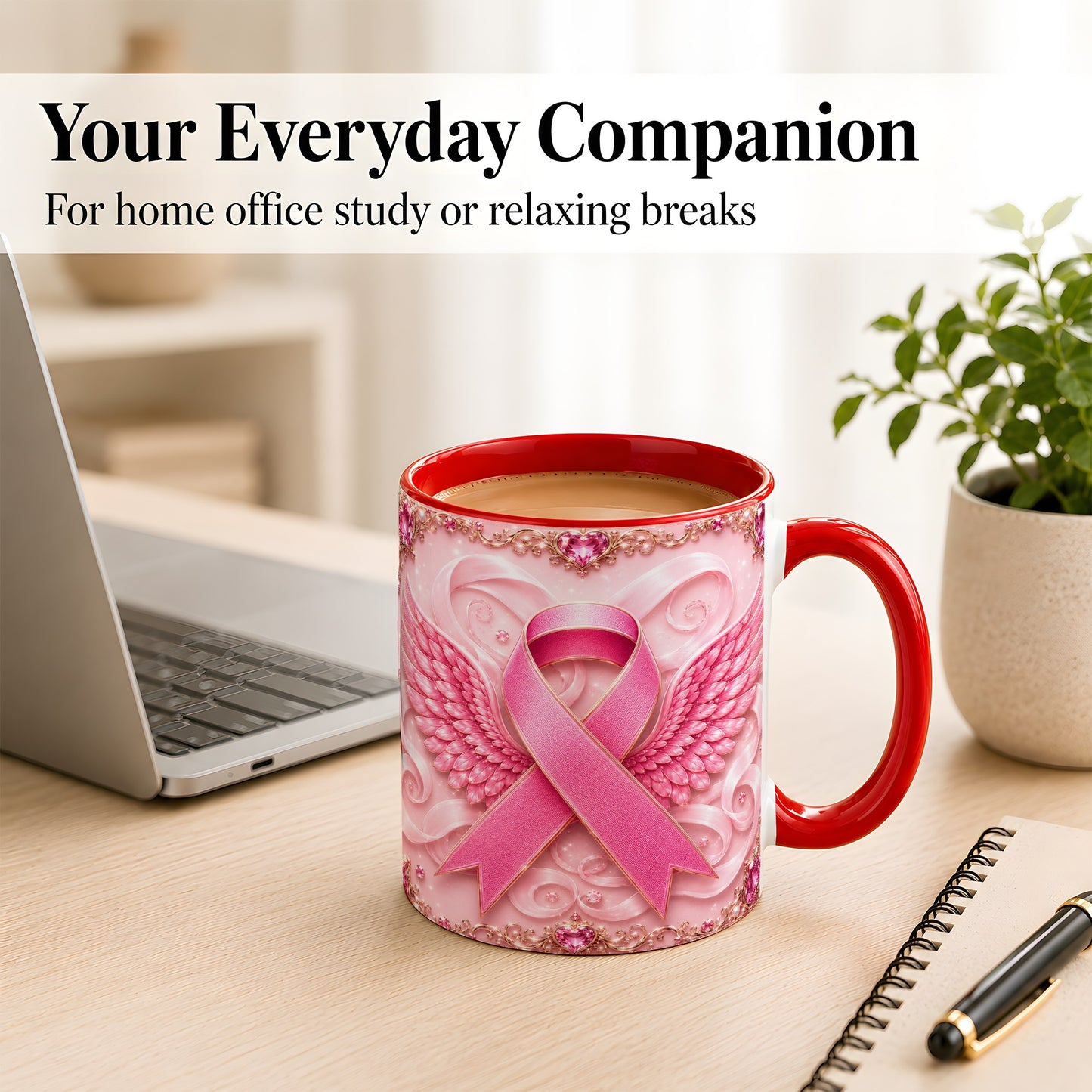 #pl[11oz|Red] Pink Ribbon Wings Coffee Mug, Awareness Mug, Ceramic Cup