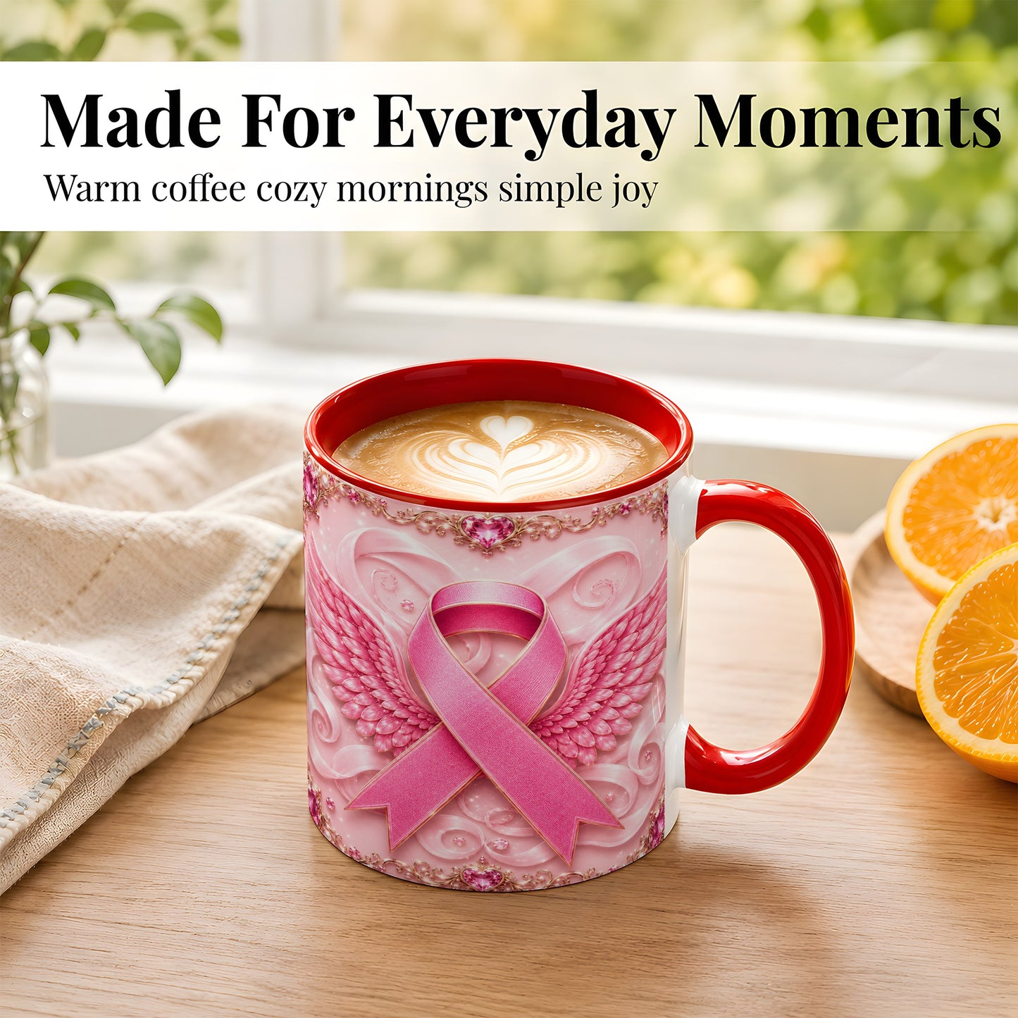 #pl[11oz|Red] Pink Ribbon Wings Coffee Mug, Awareness Mug, Ceramic Cup
