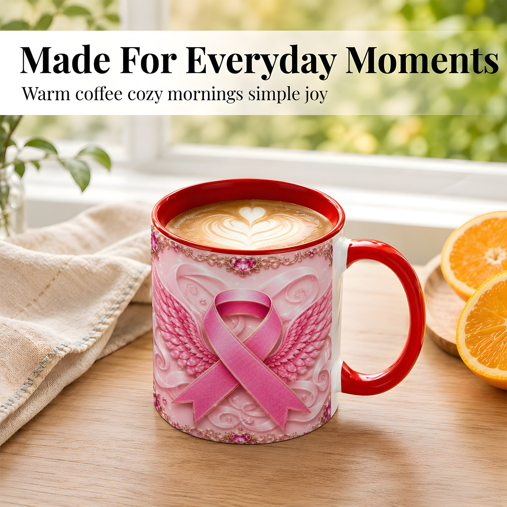 #pl[11oz|Red] Pink Ribbon Wings Coffee Mug, Awareness Mug, Ceramic Cup