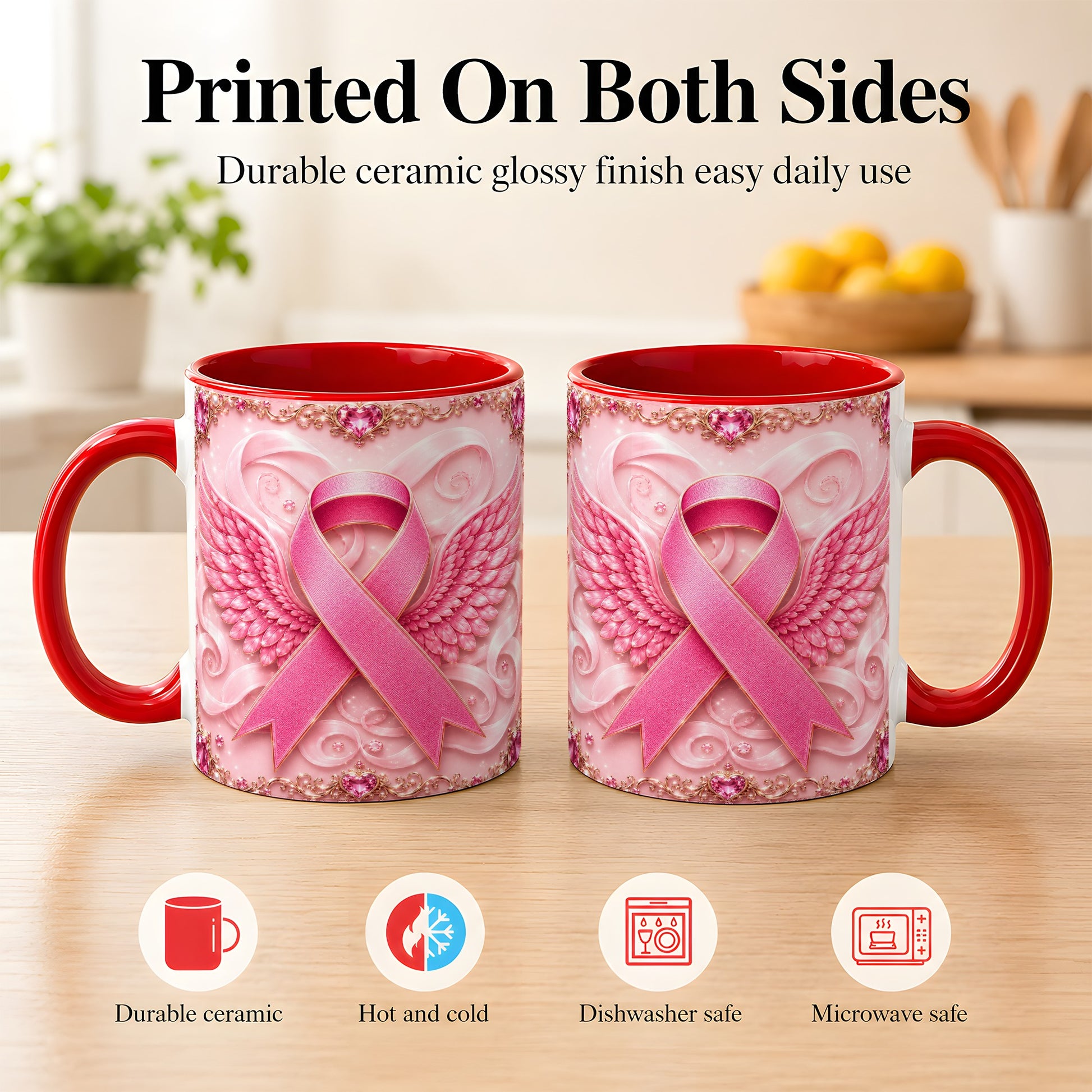 #pl[11oz|Red] Pink Ribbon Wings Coffee Mug, Awareness Mug, Ceramic Cup