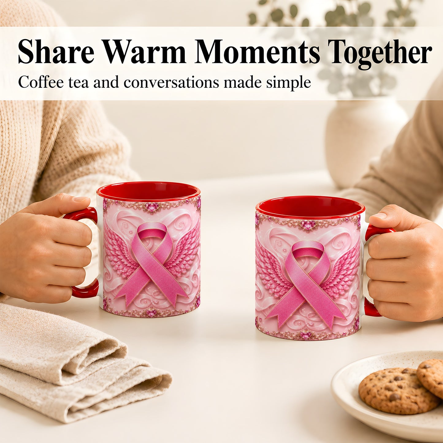 #pl[11oz|Red] Pink Ribbon Wings Coffee Mug, Awareness Mug, Ceramic Cup