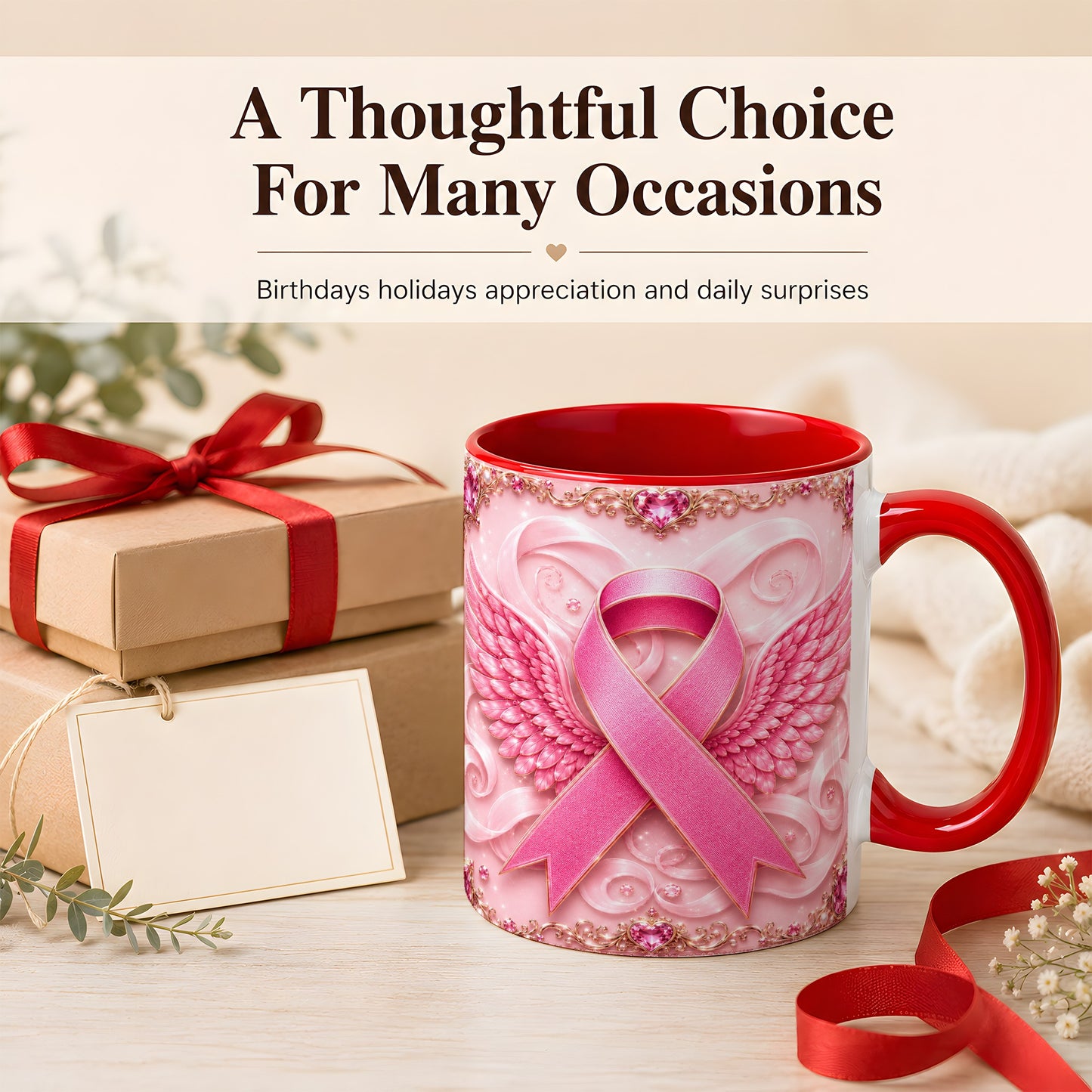 #pl[11oz|Red] Pink Ribbon Wings Coffee Mug, Awareness Mug, Ceramic Cup