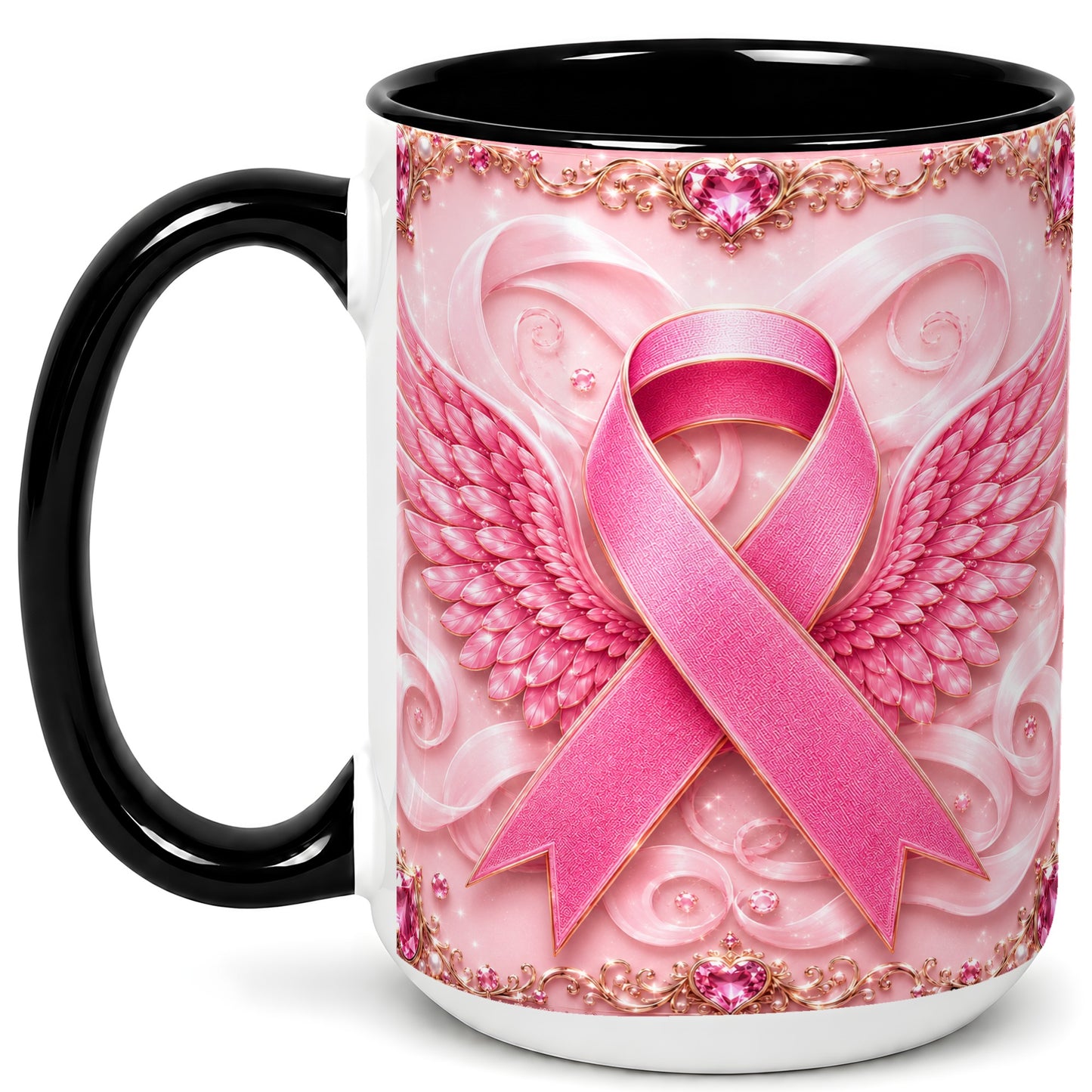 #pl[15oz|Black] Pink Ribbon Wings Coffee Mug, Awareness Mug, Ceramic Cup