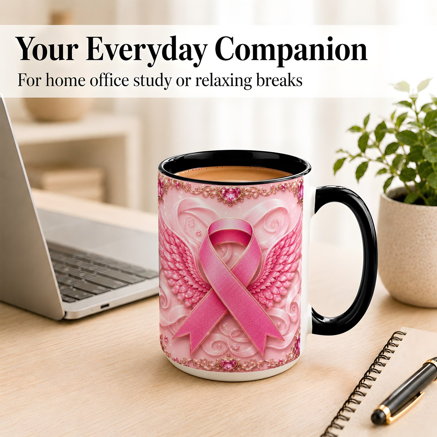 #pl[15oz|Black] Pink Ribbon Wings Coffee Mug, Awareness Mug, Ceramic Cup