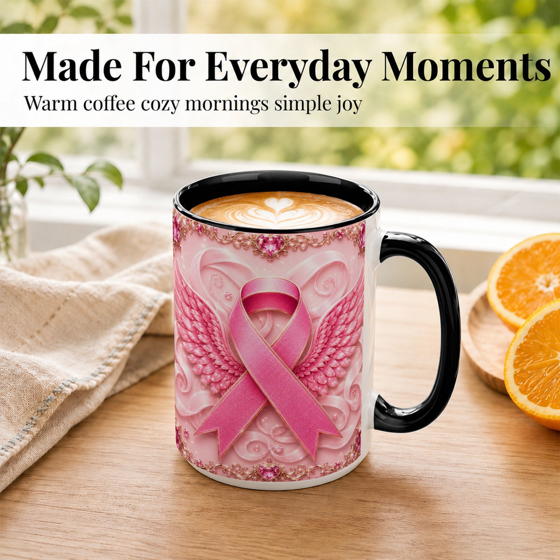 #pl[15oz|Black] Pink Ribbon Wings Coffee Mug, Awareness Mug, Ceramic Cup