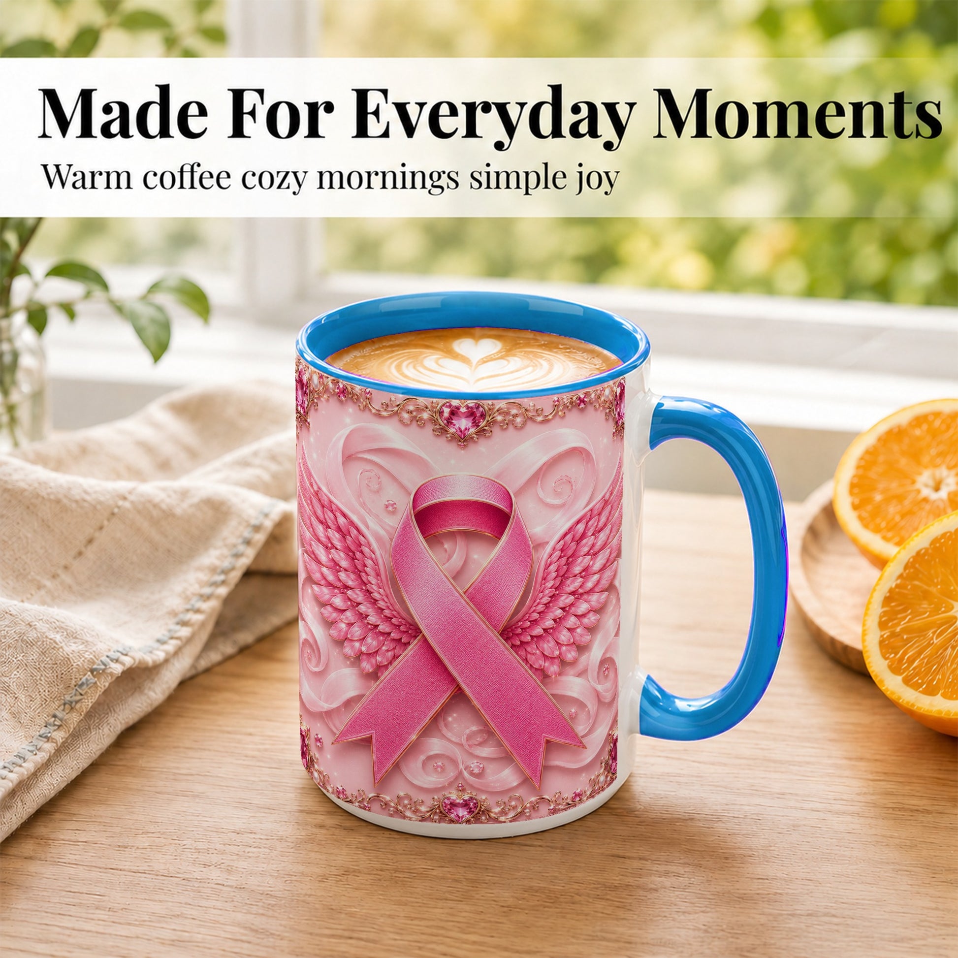 #pl[15oz|Blue] Pink Ribbon Wings Coffee Mug, Awareness Mug, Ceramic Cup