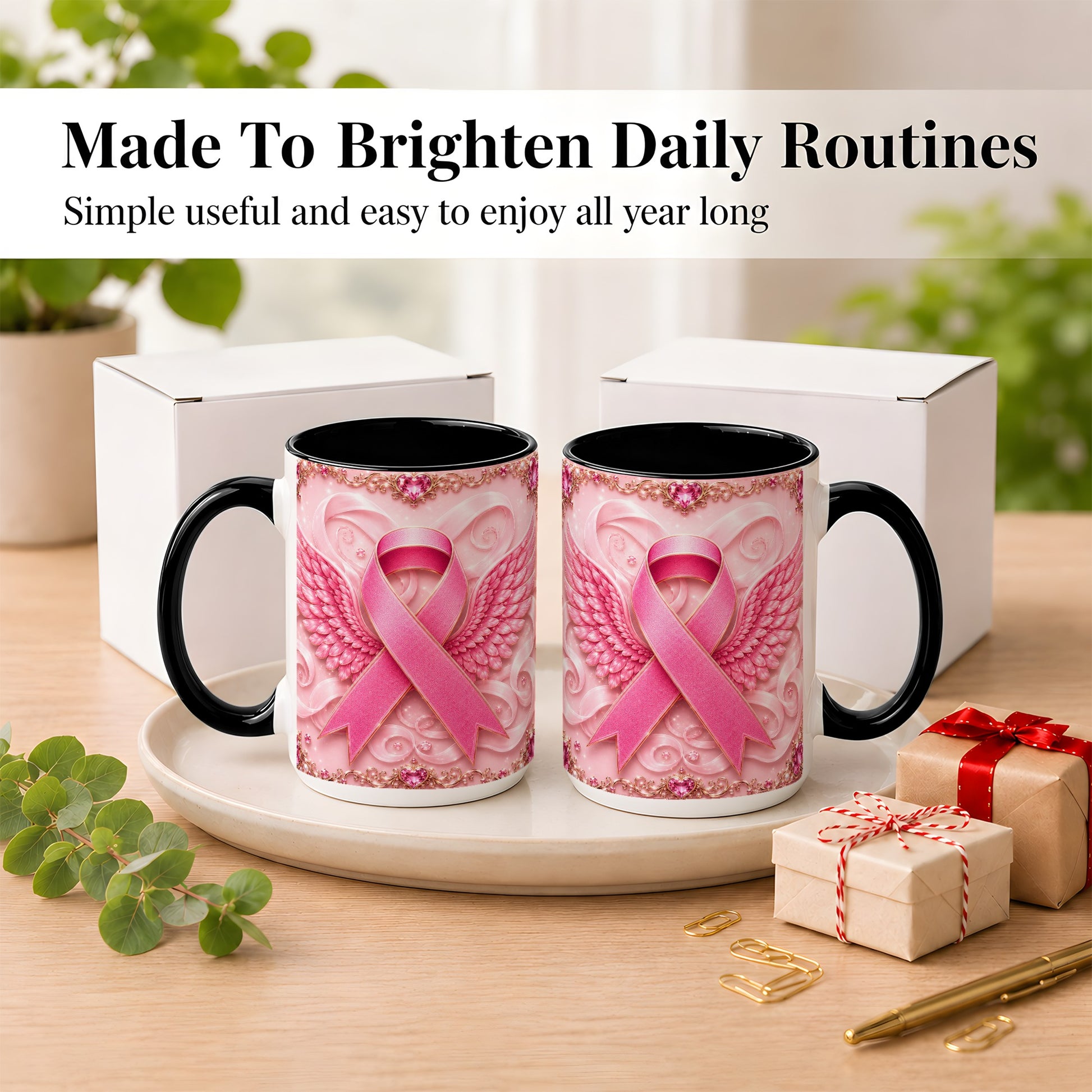 #pl[15oz|Black] Pink Ribbon Wings Coffee Mug, Awareness Mug, Ceramic Cup