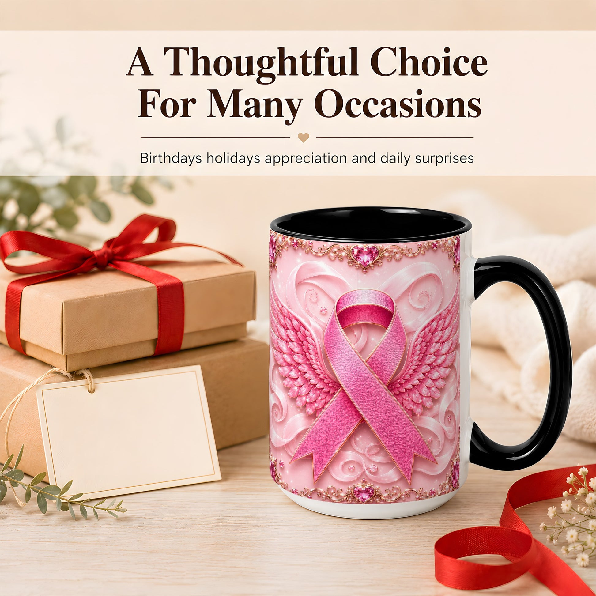 #pl[15oz|Black] Pink Ribbon Wings Coffee Mug, Awareness Mug, Ceramic Cup