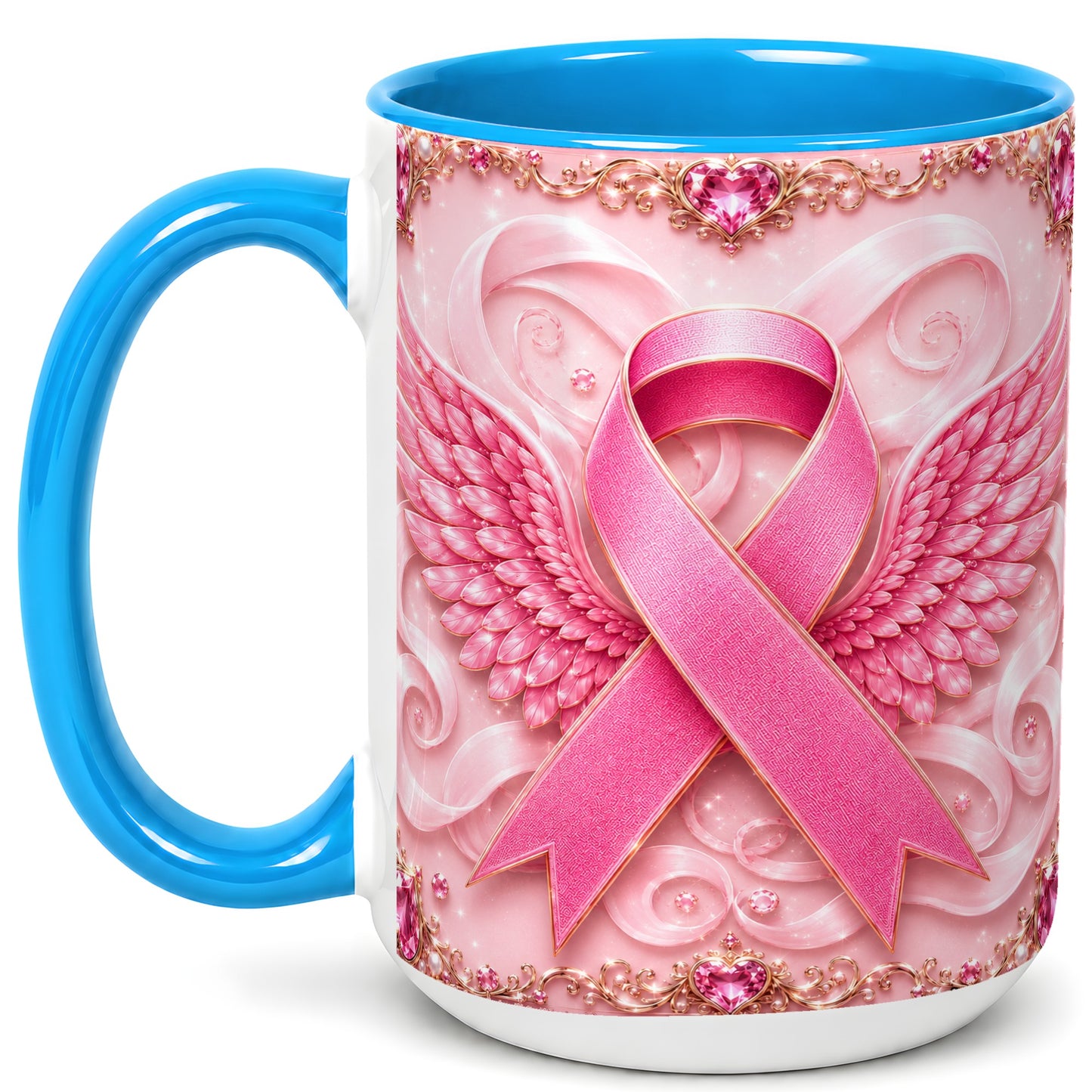 #pl[15oz|Blue] Pink Ribbon Wings Coffee Mug, Awareness Mug, Ceramic Cup