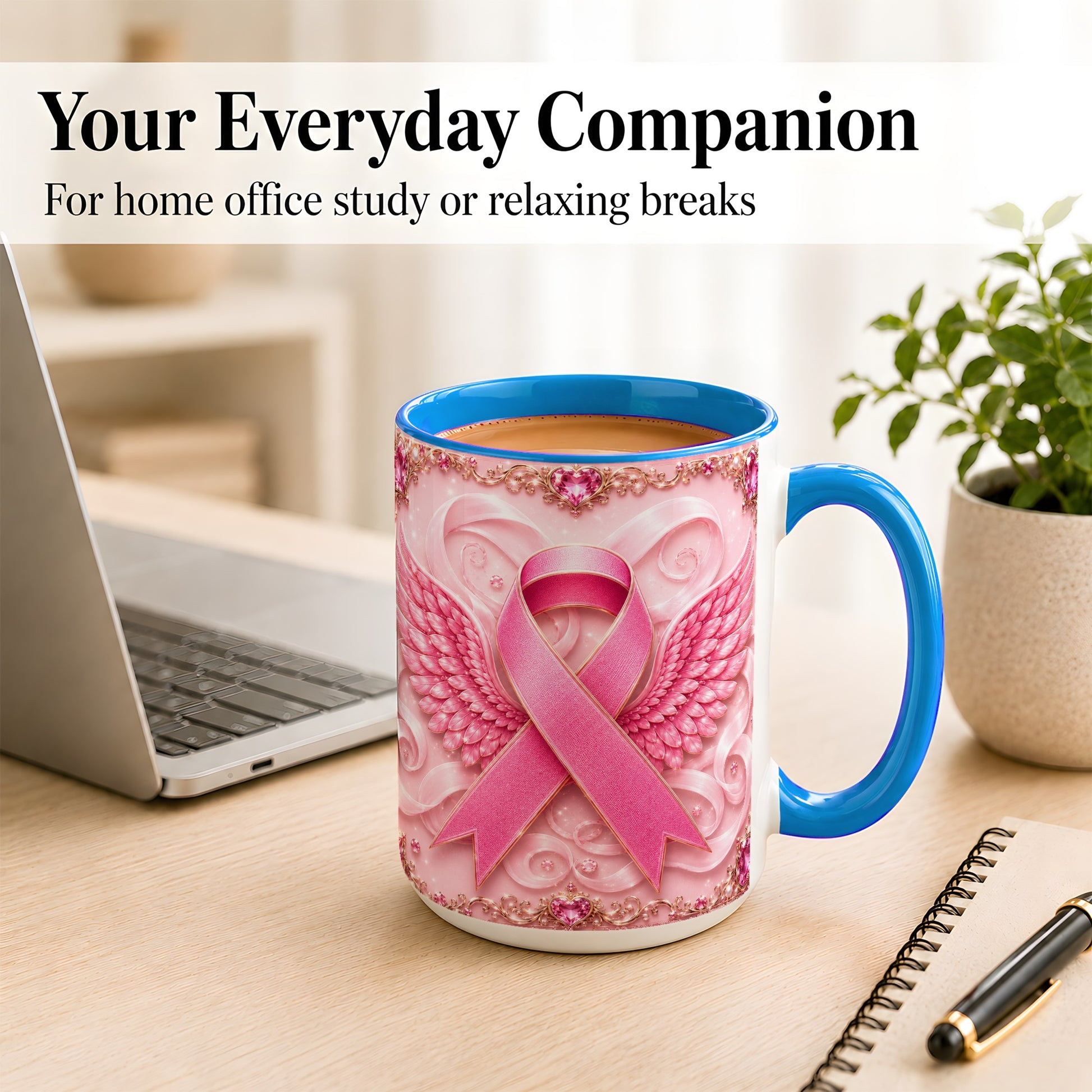 #pl[15oz|Blue] Pink Ribbon Wings Coffee Mug, Awareness Mug, Ceramic Cup