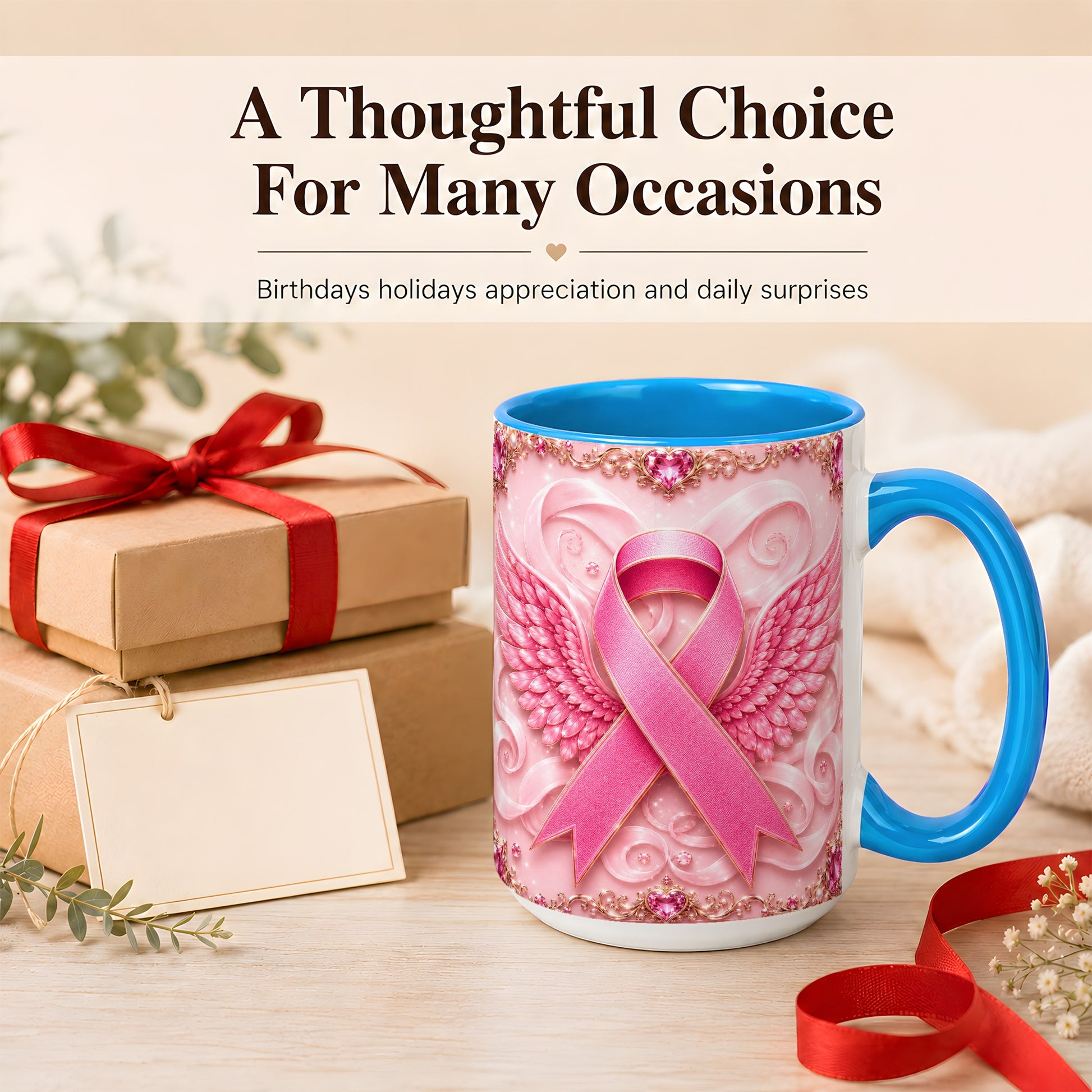 #pl[15oz|Blue] Pink Ribbon Wings Coffee Mug, Awareness Mug, Ceramic Cup