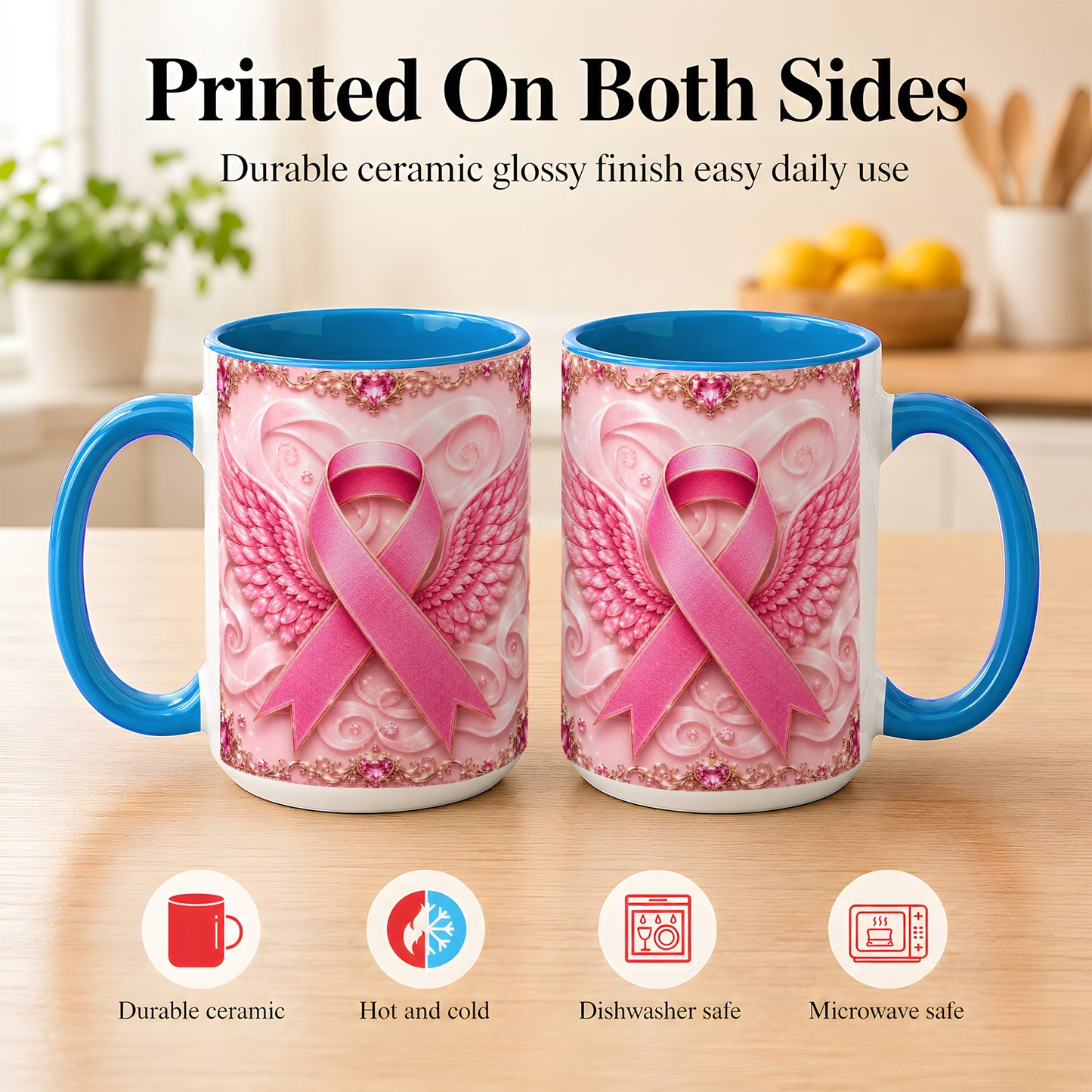 #pl[15oz|Blue] Pink Ribbon Wings Coffee Mug, Awareness Mug, Ceramic Cup