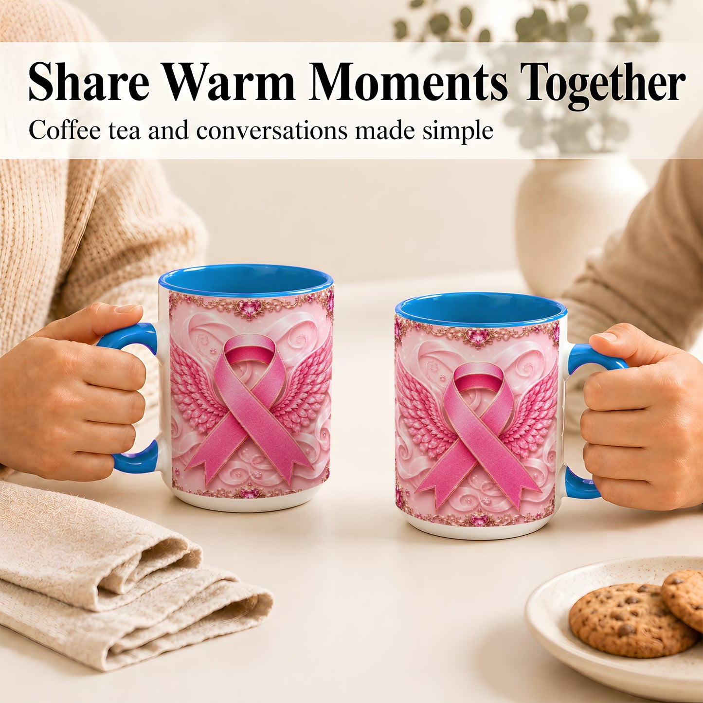 #pl[15oz|Blue] Pink Ribbon Wings Coffee Mug, Awareness Mug, Ceramic Cup