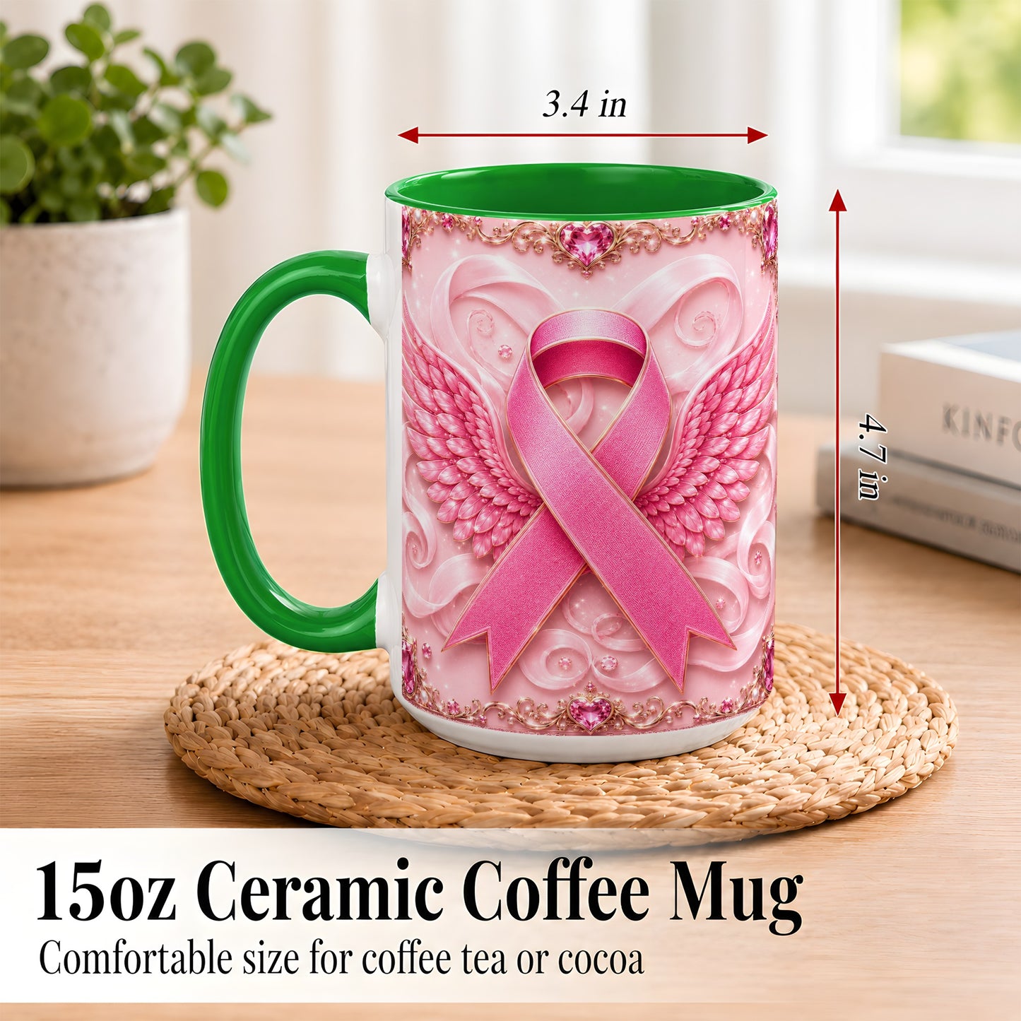 #pl[15oz|Green] Pink Ribbon Wings Coffee Mug, Awareness Mug, Ceramic Cup