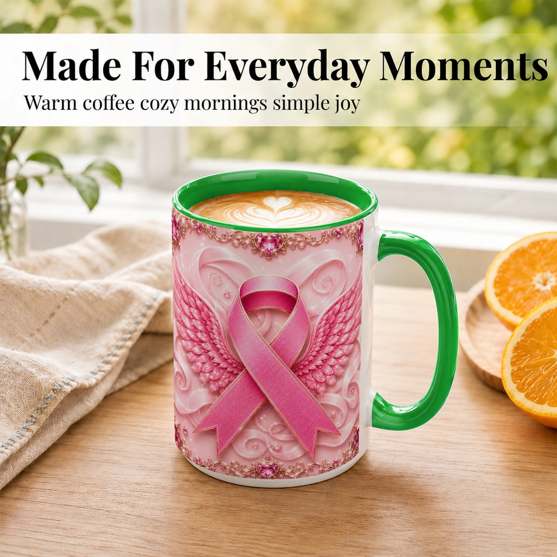 #pl[15oz|Green] Pink Ribbon Wings Coffee Mug, Awareness Mug, Ceramic Cup