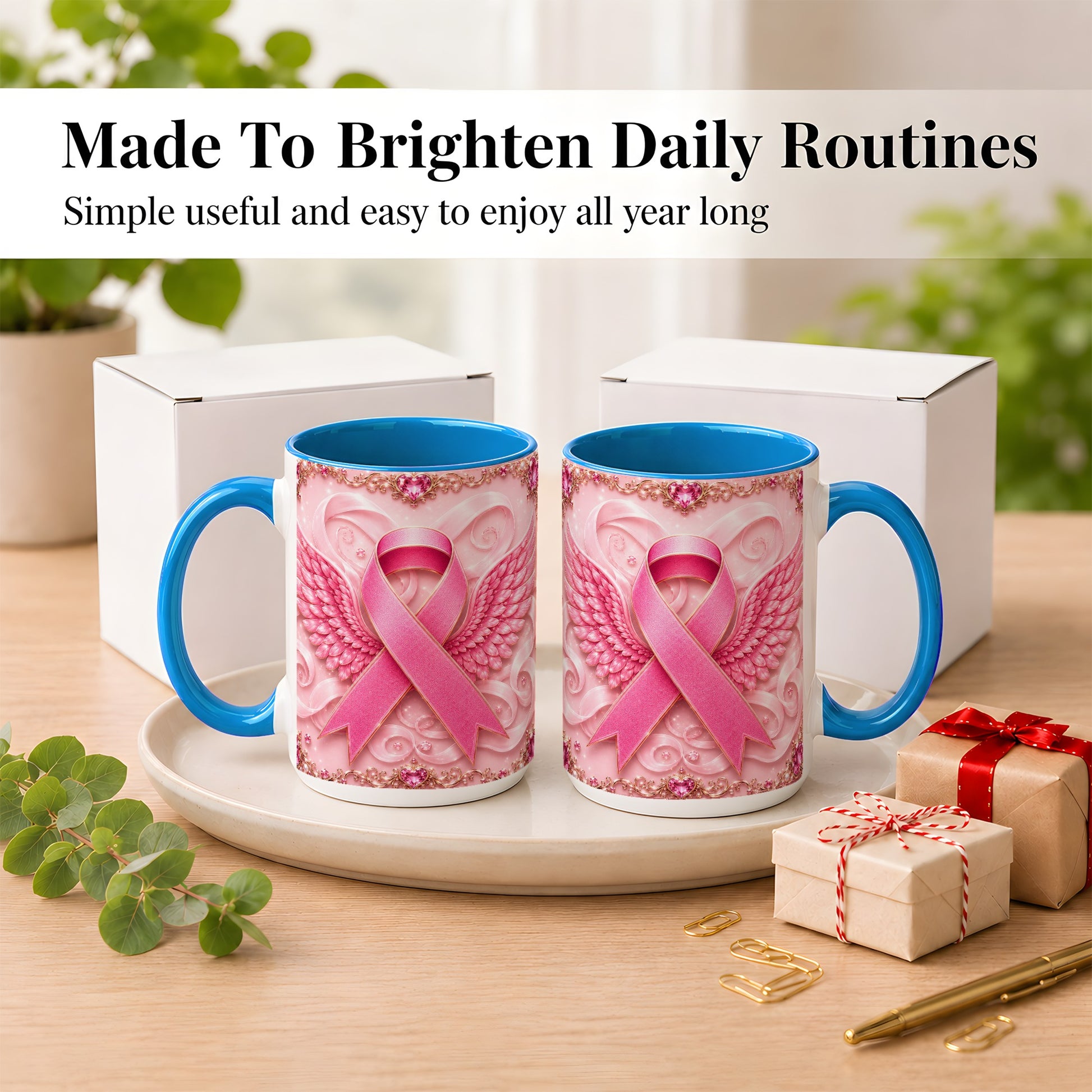 #pl[15oz|Blue] Pink Ribbon Wings Coffee Mug, Awareness Mug, Ceramic Cup