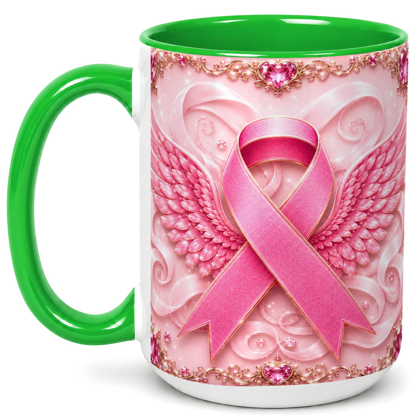 #pl[15oz|Green] Pink Ribbon Wings Coffee Mug, Awareness Mug, Ceramic Cup