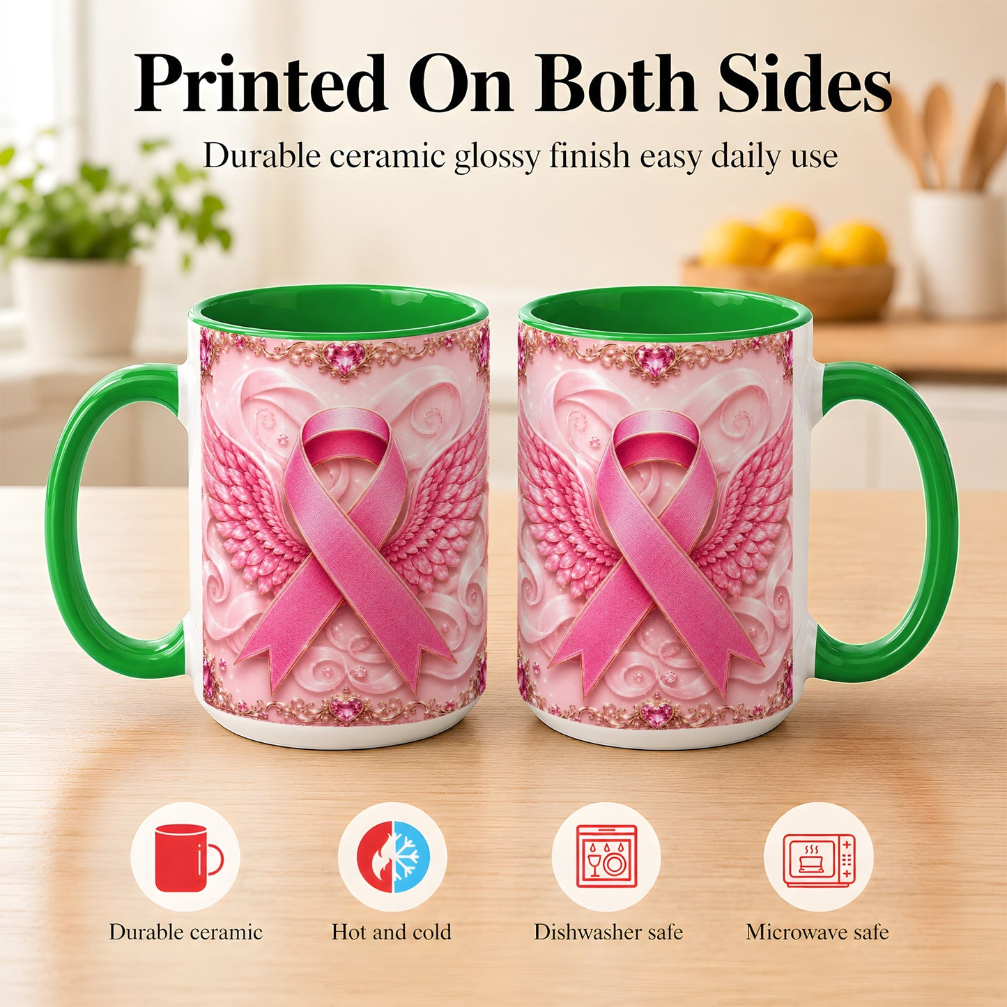 #pl[15oz|Green] Pink Ribbon Wings Coffee Mug, Awareness Mug, Ceramic Cup